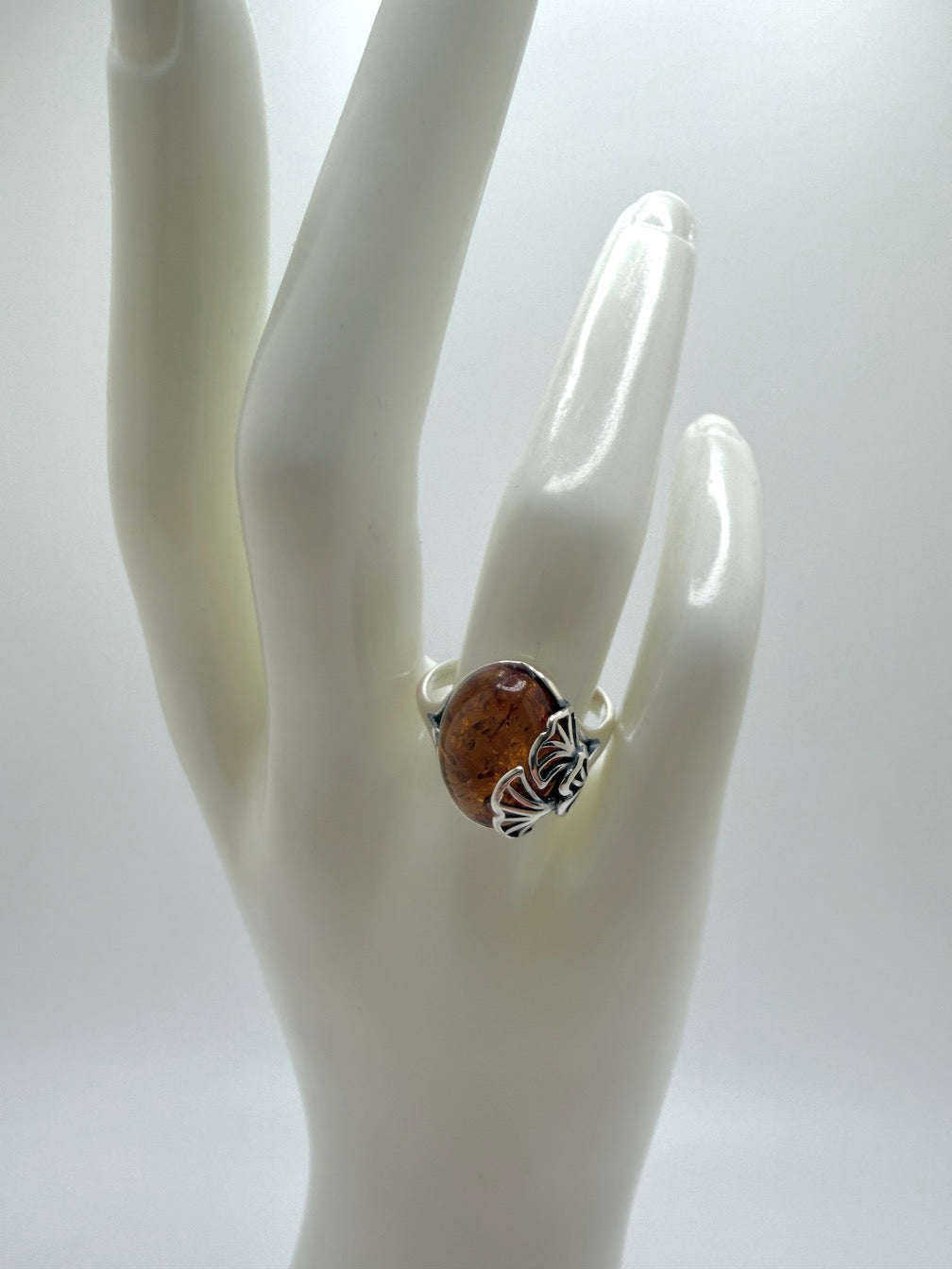 Baltic Amber Oval Cab Ginkgo Biloba Nature Inspired Ring