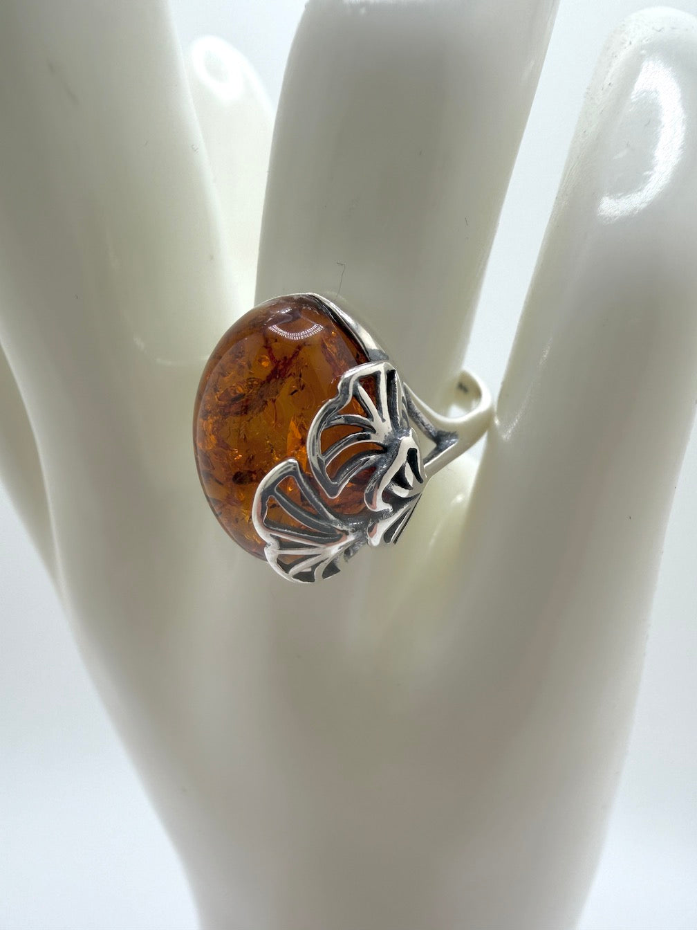 Baltic Amber Oval Cab Ginkgo Biloba Nature Inspired Ring
