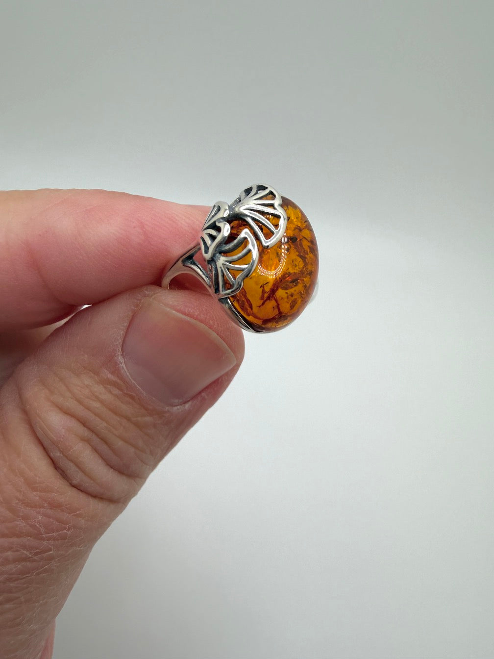 Baltic Amber Oval Cab Ginkgo Biloba Nature Inspired Ring