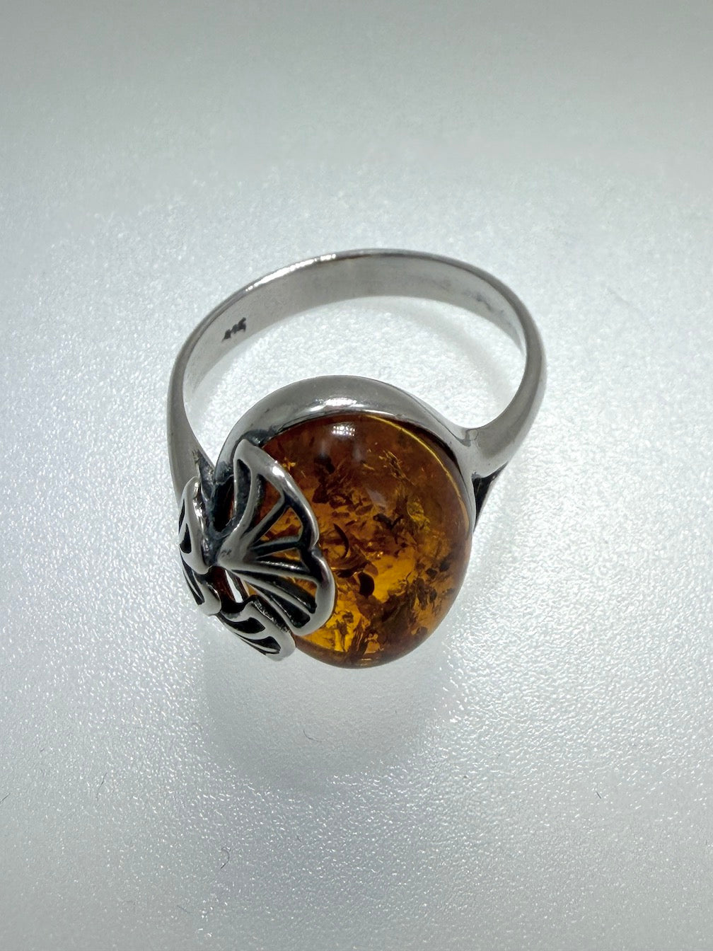 Baltic Amber Oval Cab Ginkgo Biloba Nature Inspired Ring