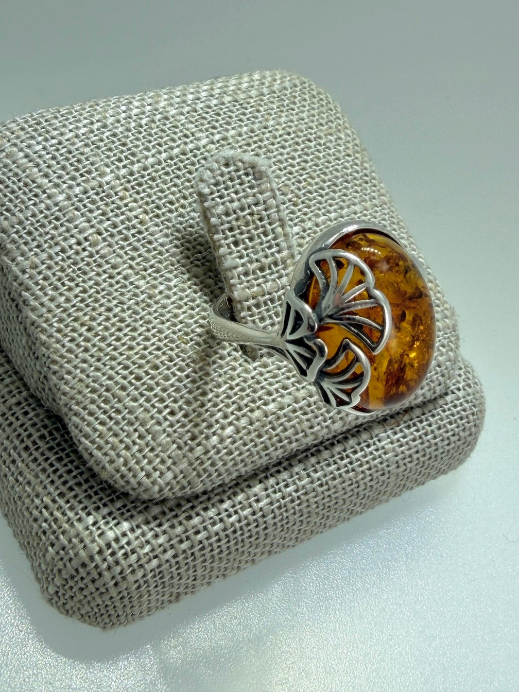 Baltic Amber Oval Cab Ginkgo Biloba Nature Inspired Ring