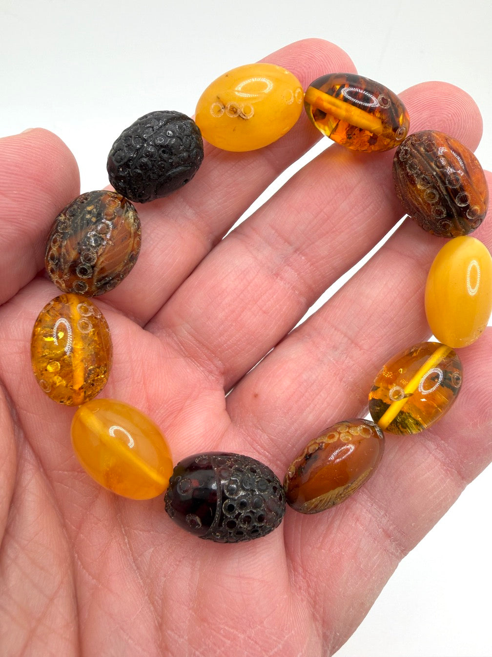 Baltic Amber Oval Chunk Stretch Bracelet – Multi-Color, Rare snake skin pattern