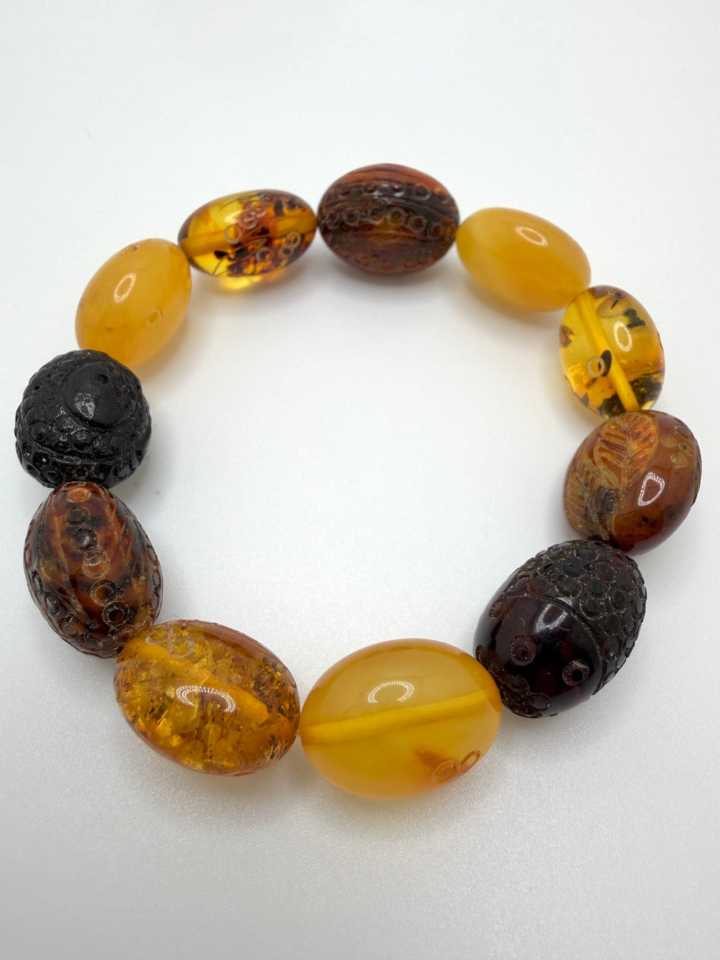 Baltic Amber Oval Chunk Stretch Bracelet – Multi-Color, Rare snake skin pattern