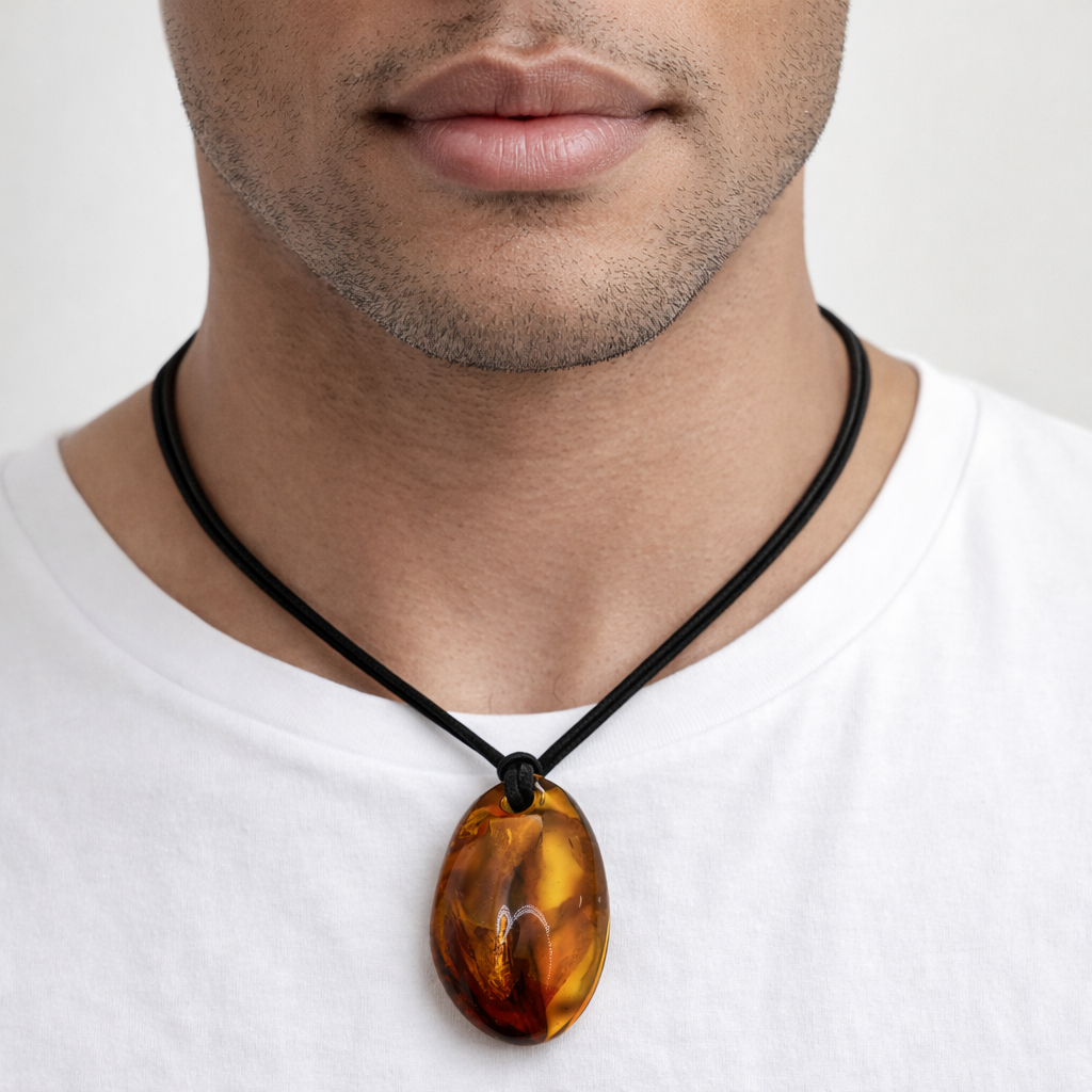 Baltic Amber Pendant on Leather Cord – Genuine Amber Necklace – Unisex / Men’s Amber Jewelry