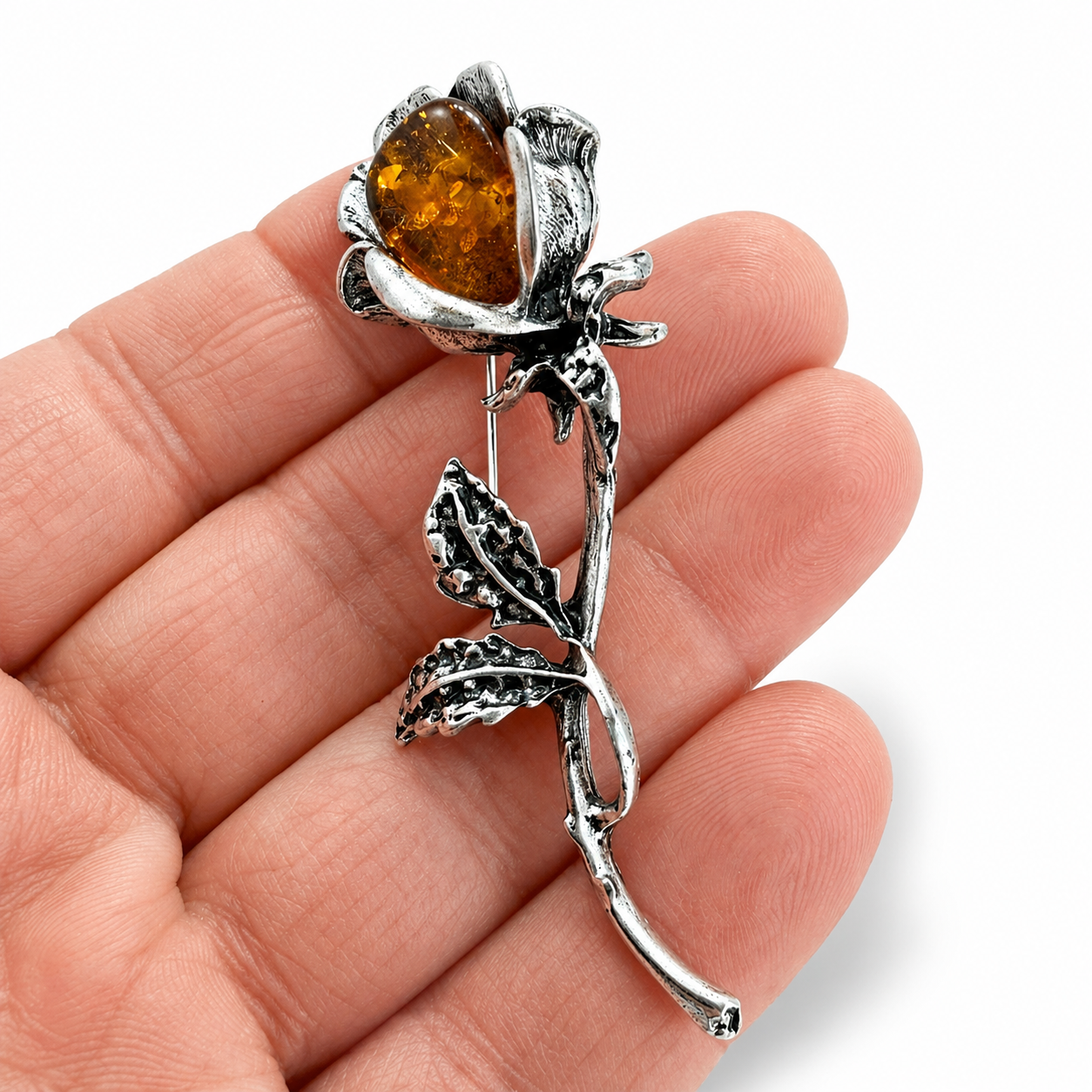Baltic Amber Rose Brooch | Sterling Silver Plated Brass | Honey Amber Flower Pin 