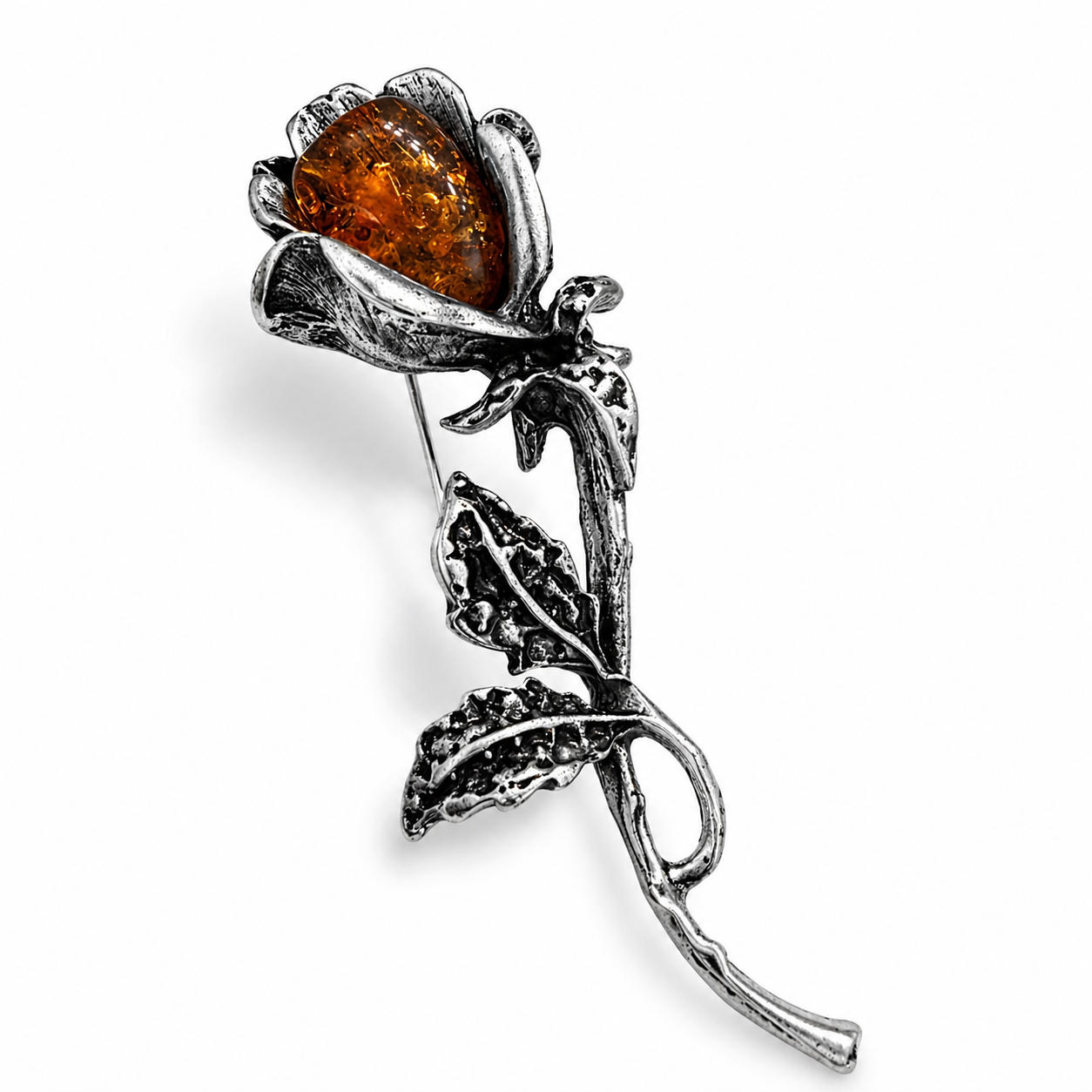 Baltic Amber Rose Brooch | Sterling Silver Plated Brass | Honey Amber Flower Pin 