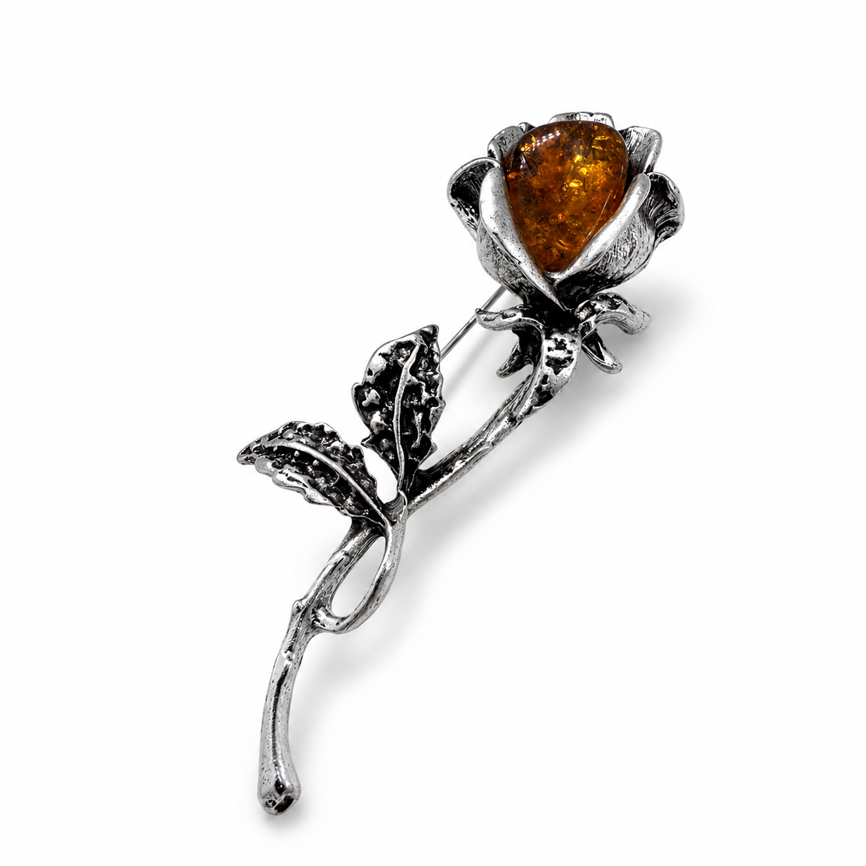 Baltic Amber Rose Brooch | Sterling Silver Plated Brass | Honey Amber Flower Pin 