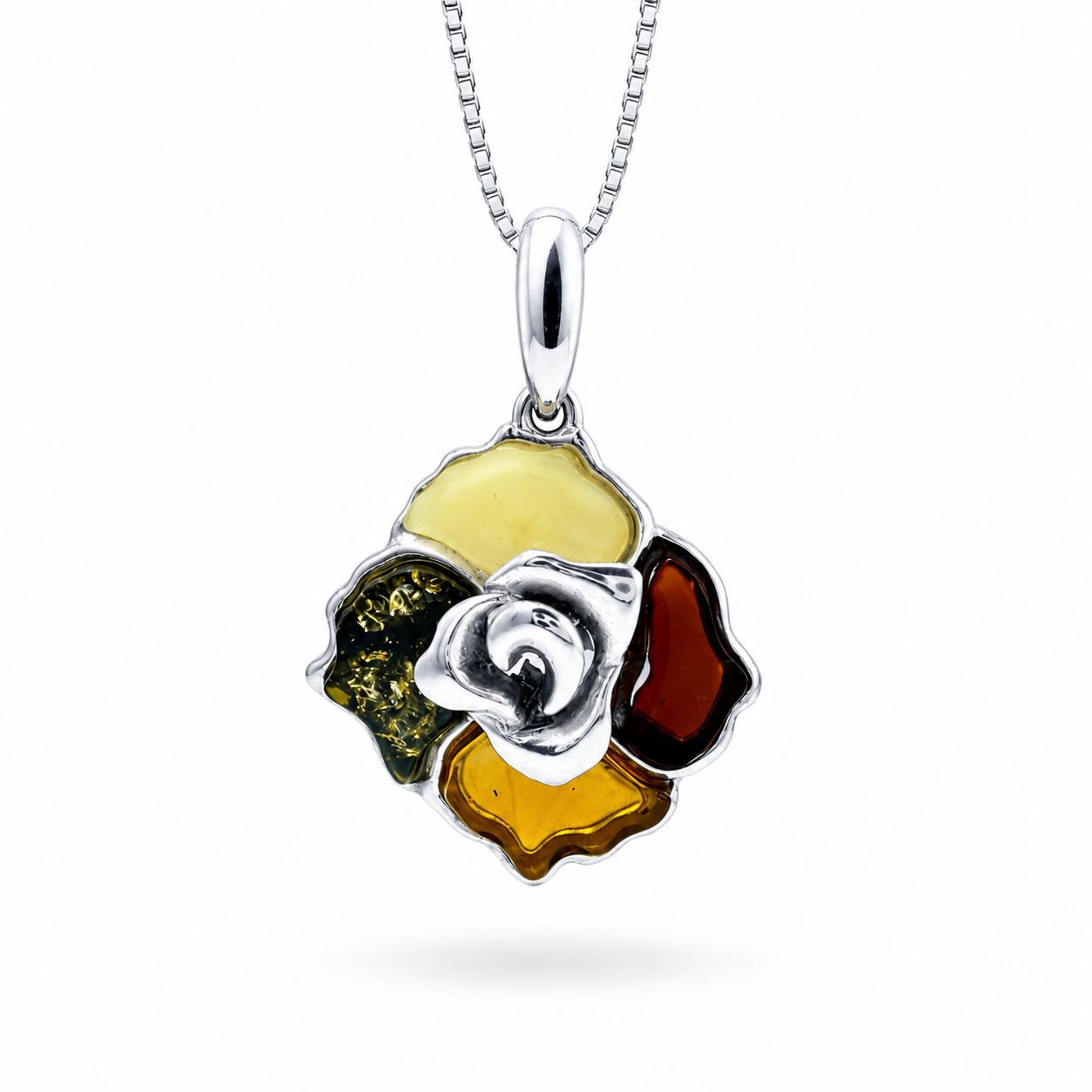 Baltic Amber Rose Pendant Necklace, Sterling Silver Amber Flower Necklace, Hand Carved Rose Pendant, Genuine Baltic Amber Jewelry