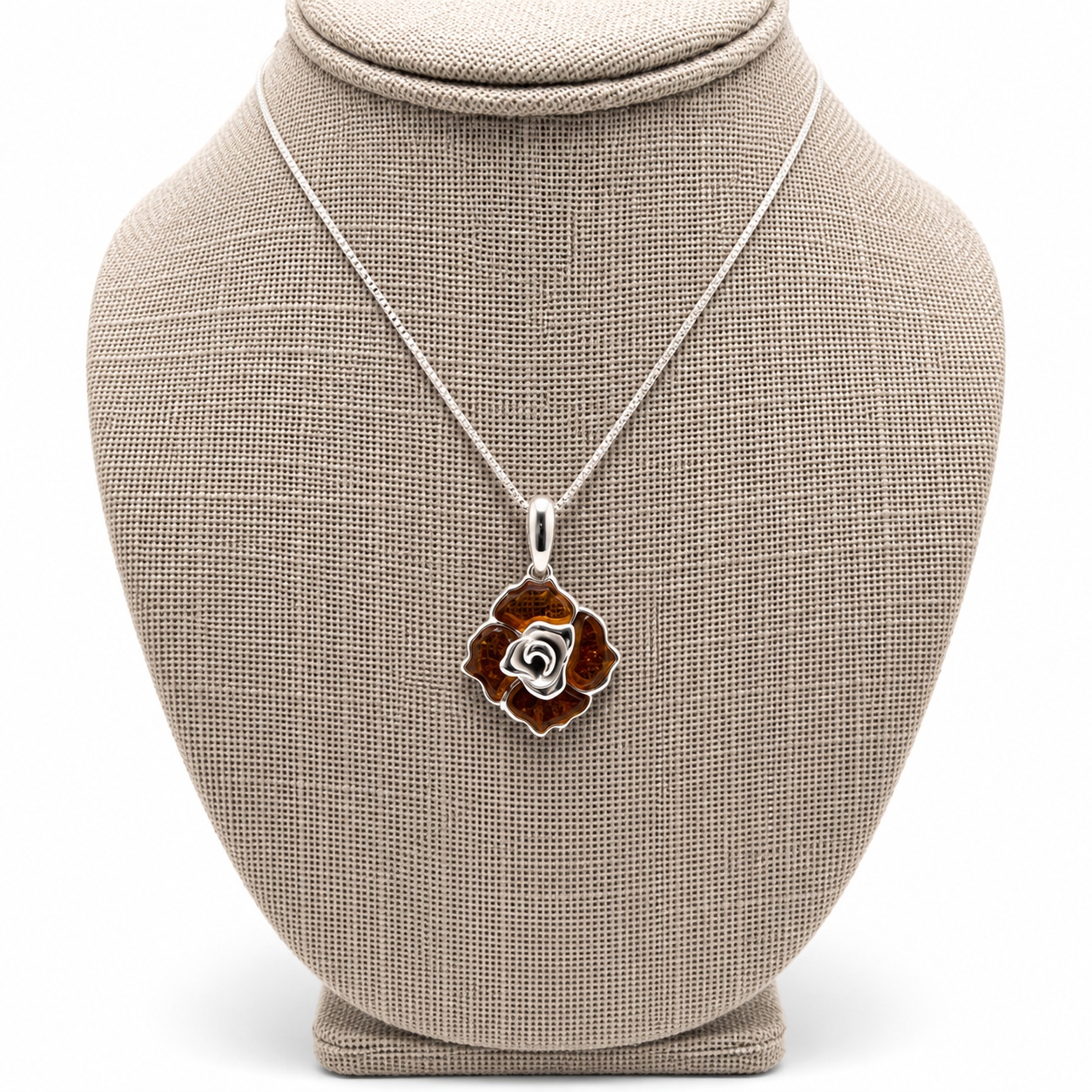 Baltic Amber Rose Pendant Necklace, Sterling Silver Amber Flower Necklace, Hand Carved Rose Pendant, Genuine Baltic Amber Jewelry