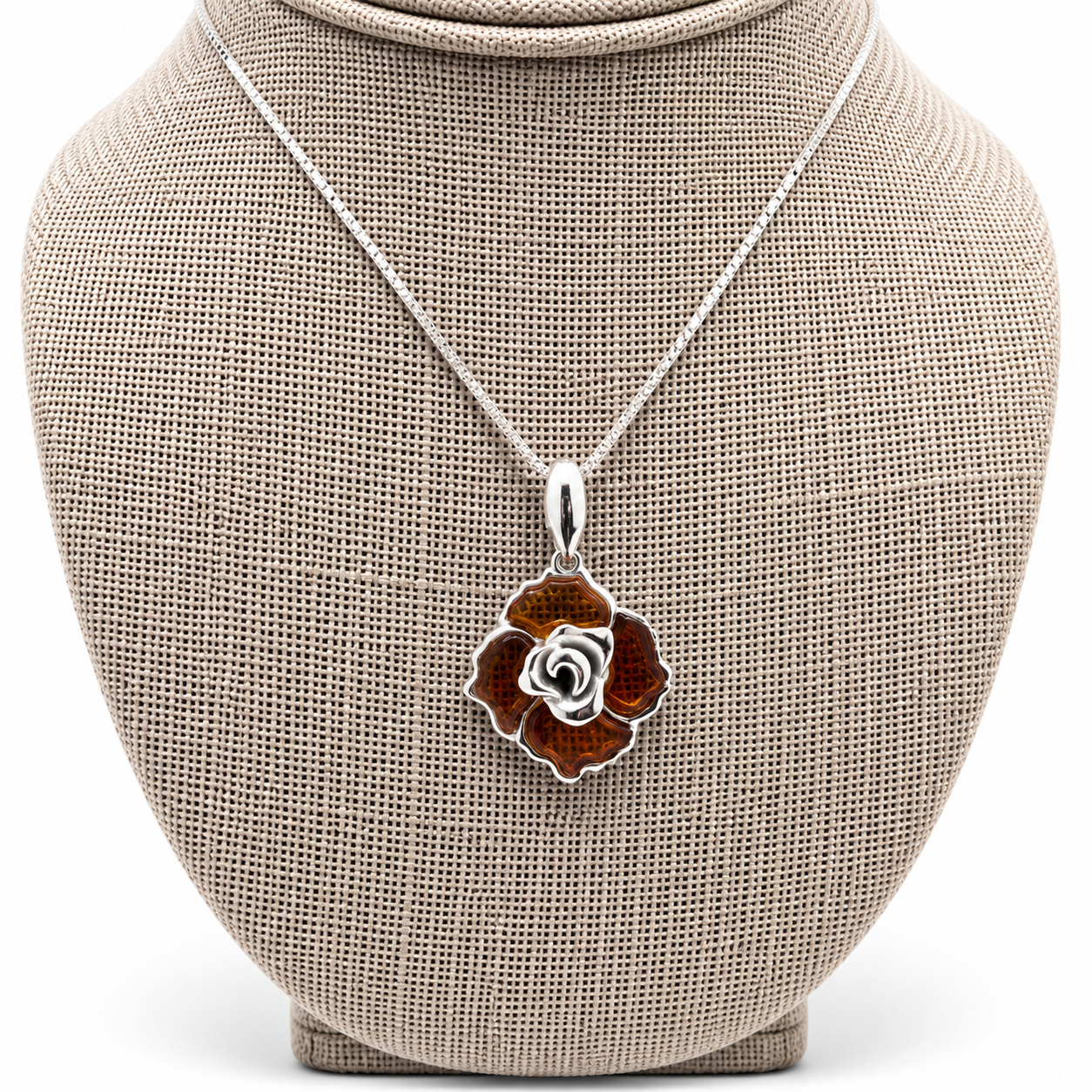 Baltic Amber Rose Pendant Necklace, Sterling Silver Amber Flower Necklace, Hand Carved Rose Pendant, Genuine Baltic Amber Jewelry