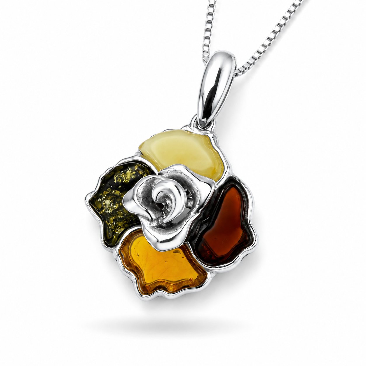 Baltic Amber Rose Pendant Necklace, Sterling Silver Amber Flower Necklace, Hand Carved Rose Pendant, Genuine Baltic Amber Jewelry