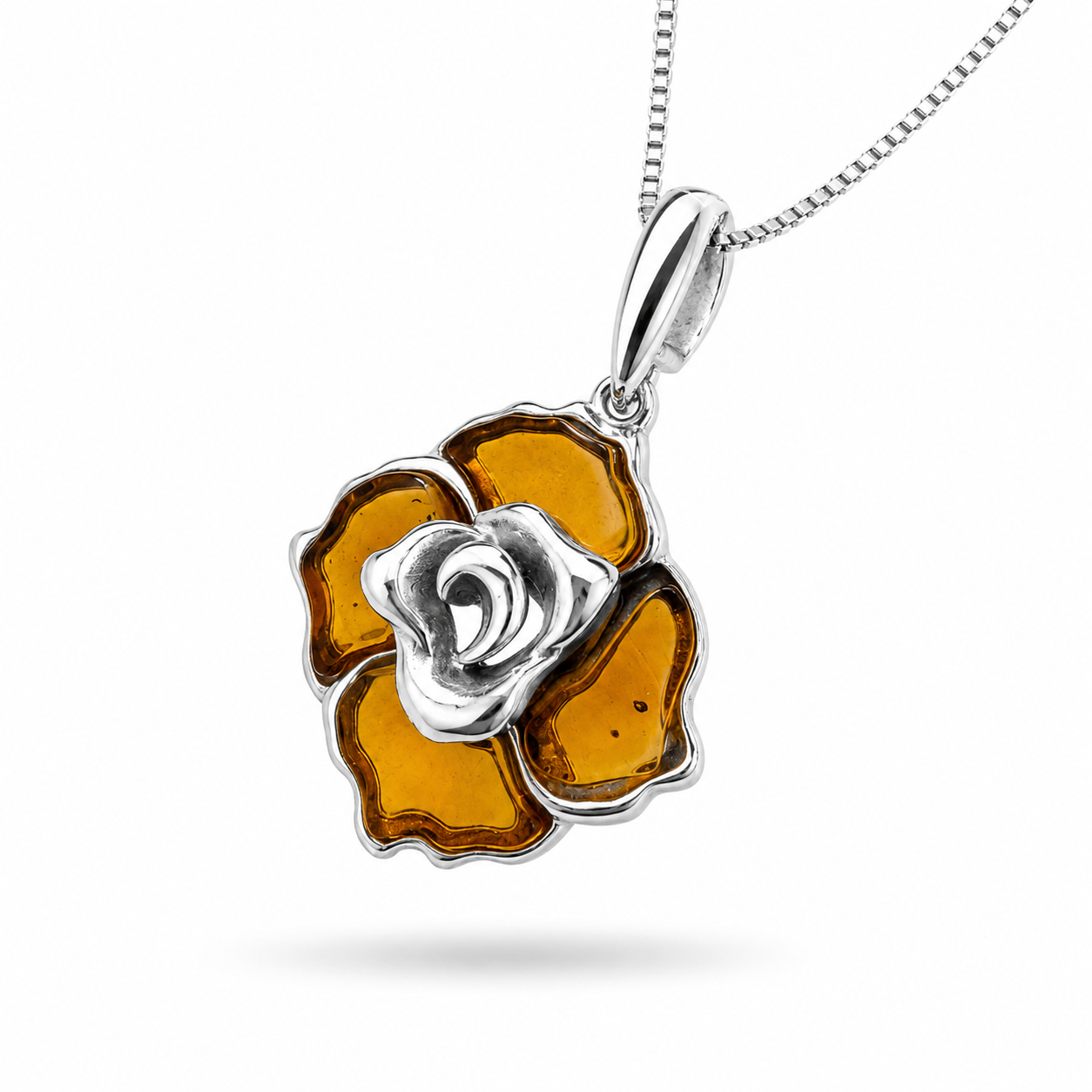 Baltic Amber Rose Pendant Necklace, Sterling Silver Amber Flower Necklace, Hand Carved Rose Pendant, Genuine Baltic Amber Jewelry