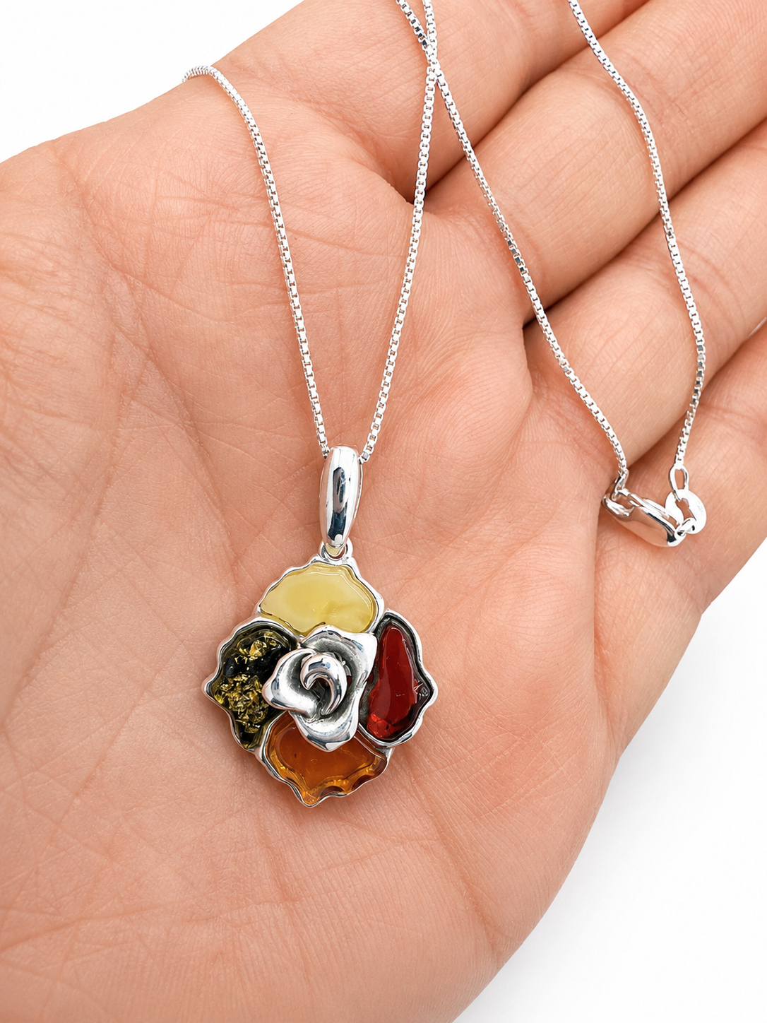 Baltic Amber Rose Pendant Necklace, Sterling Silver Amber Flower Necklace, Hand Carved Rose Pendant, Genuine Baltic Amber Jewelry