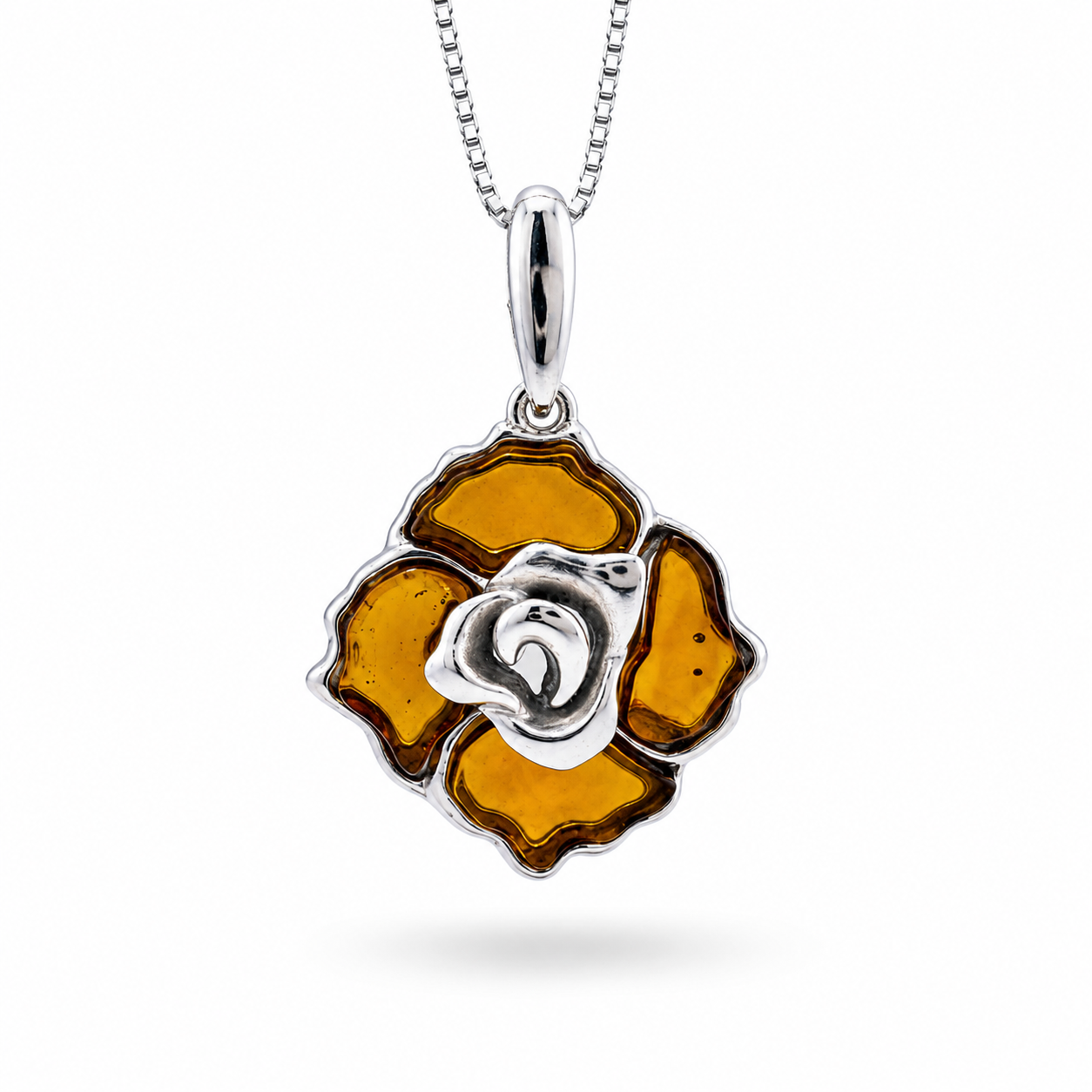 Baltic Amber Rose Pendant Necklace, Sterling Silver Amber Flower Necklace, Hand Carved Rose Pendant, Genuine Baltic Amber Jewelry