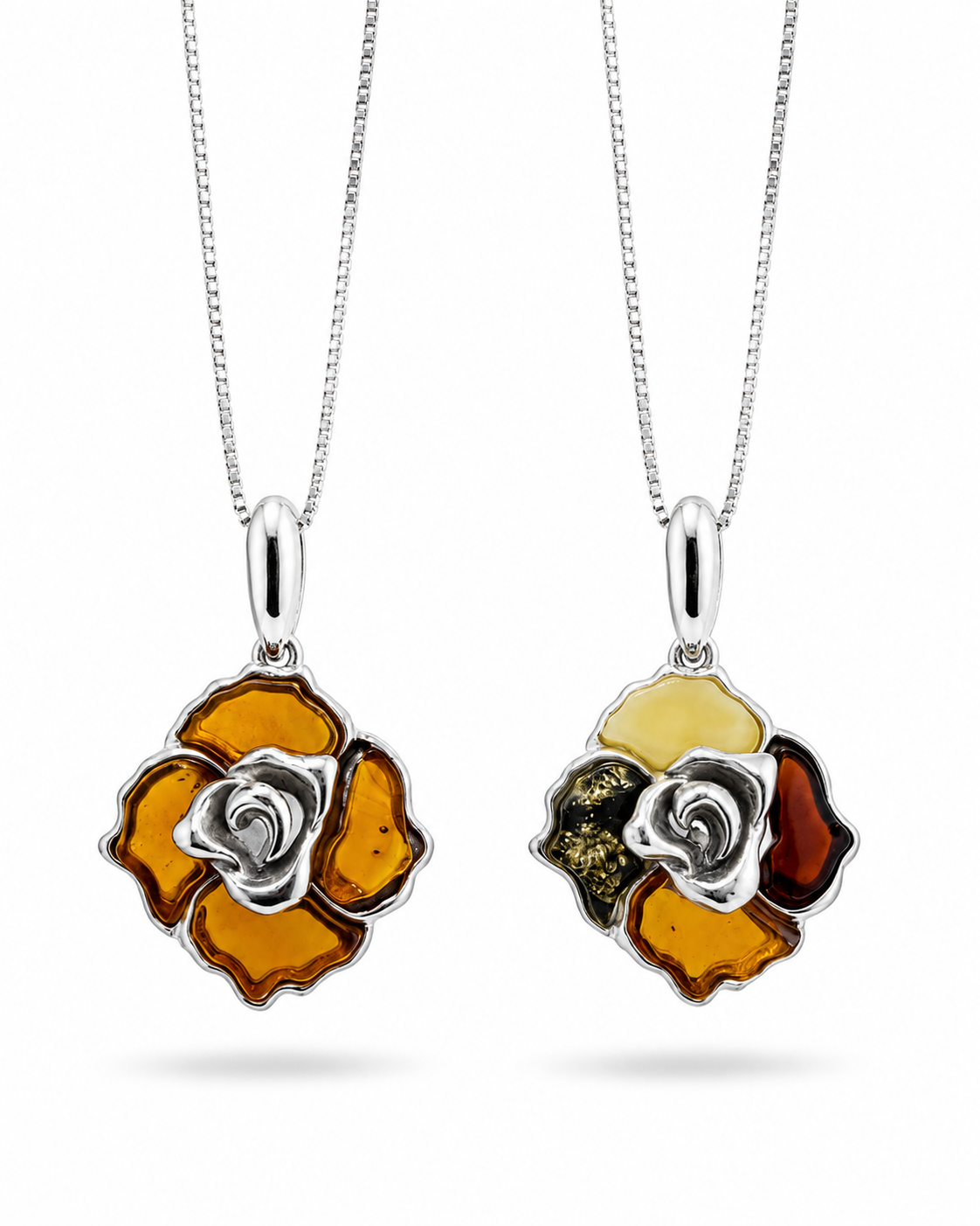 Baltic Amber Rose Pendant Necklace, Sterling Silver Amber Flower Necklace, Hand Carved Rose Pendant, Genuine Baltic Amber Jewelry