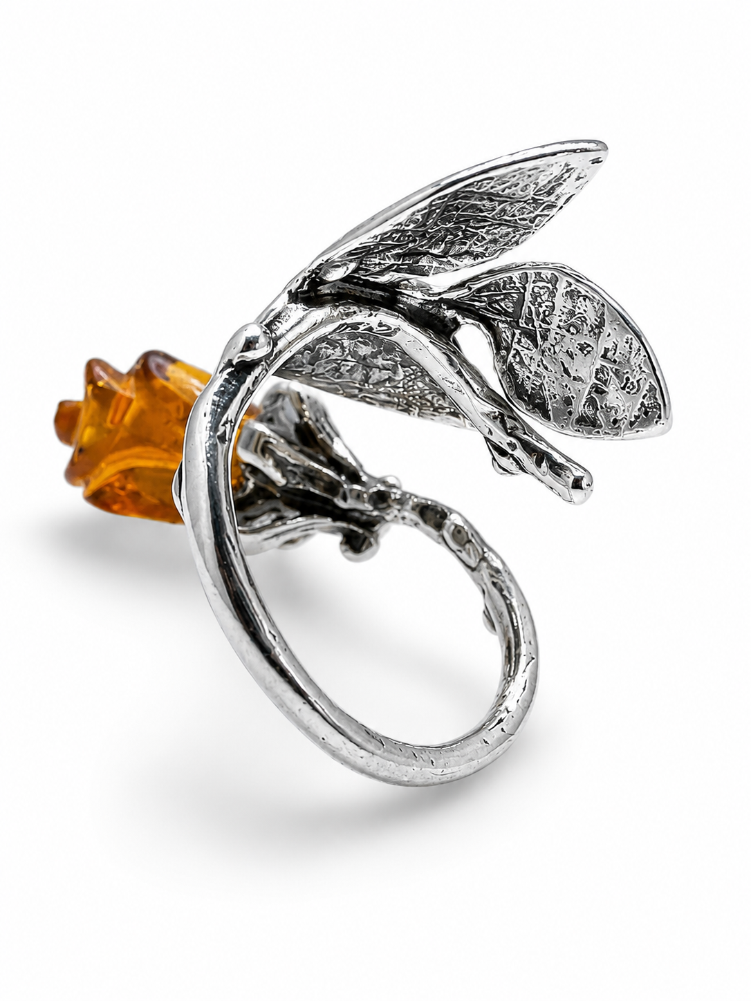 Baltic Amber Carved Rose Ring, Sterling Silver Leaf Design