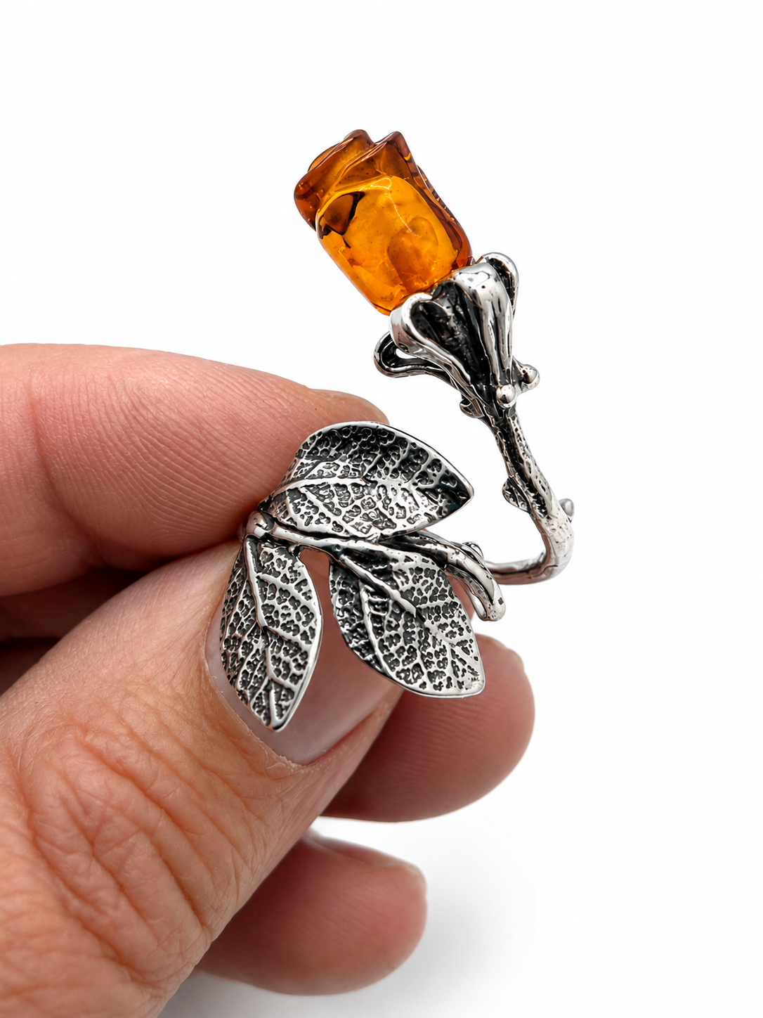 Baltic Amber Carved Rose Ring, Sterling Silver Leaf Design