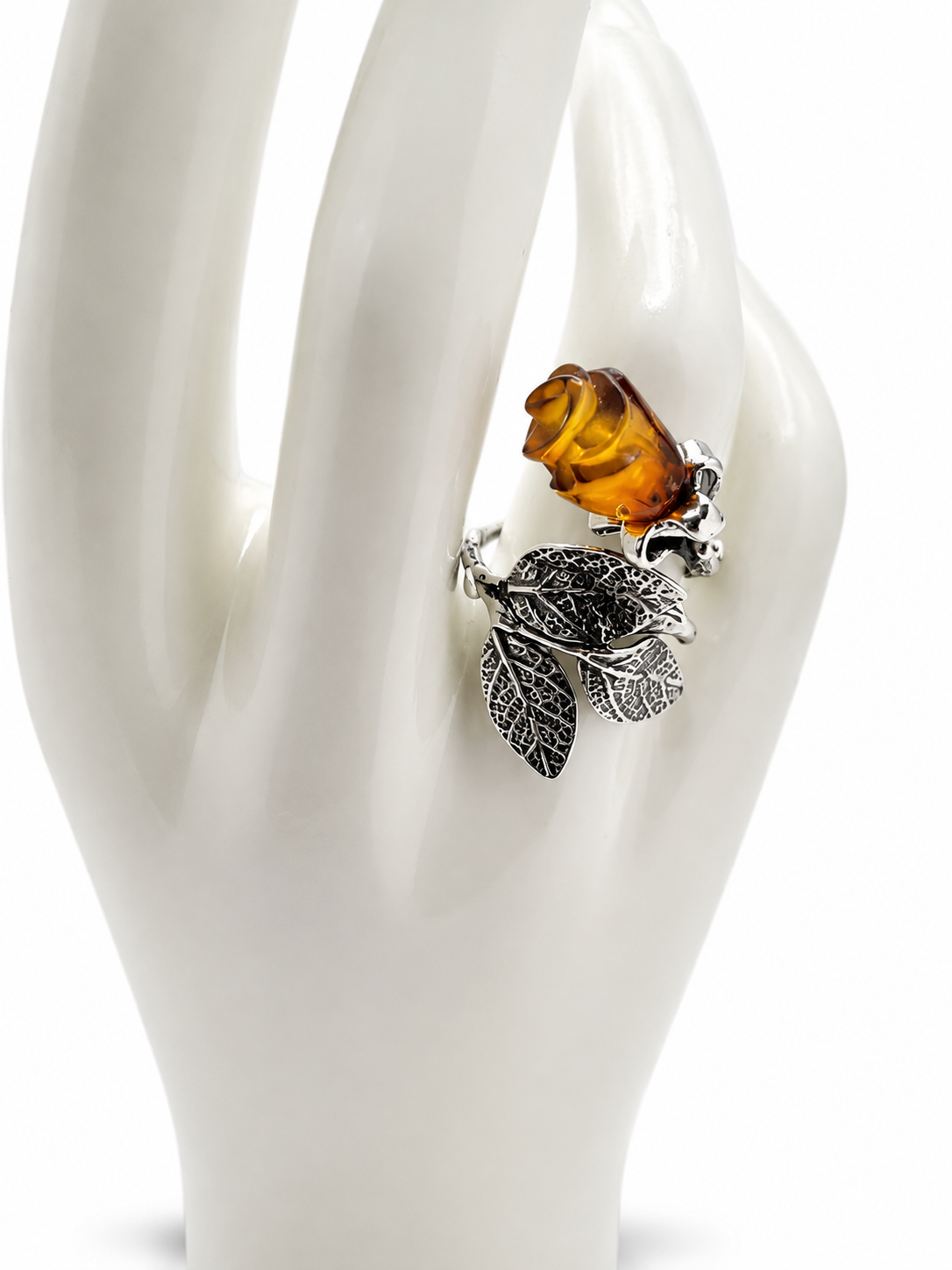 Baltic Amber Carved Rose Ring, Sterling Silver Leaf Design