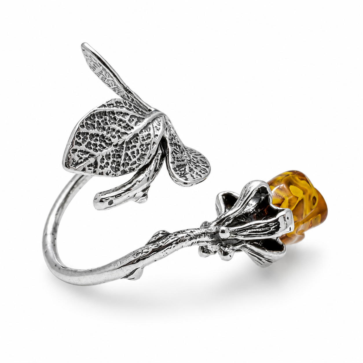 Baltic Amber Carved Rose Ring, Sterling Silver Leaf Design