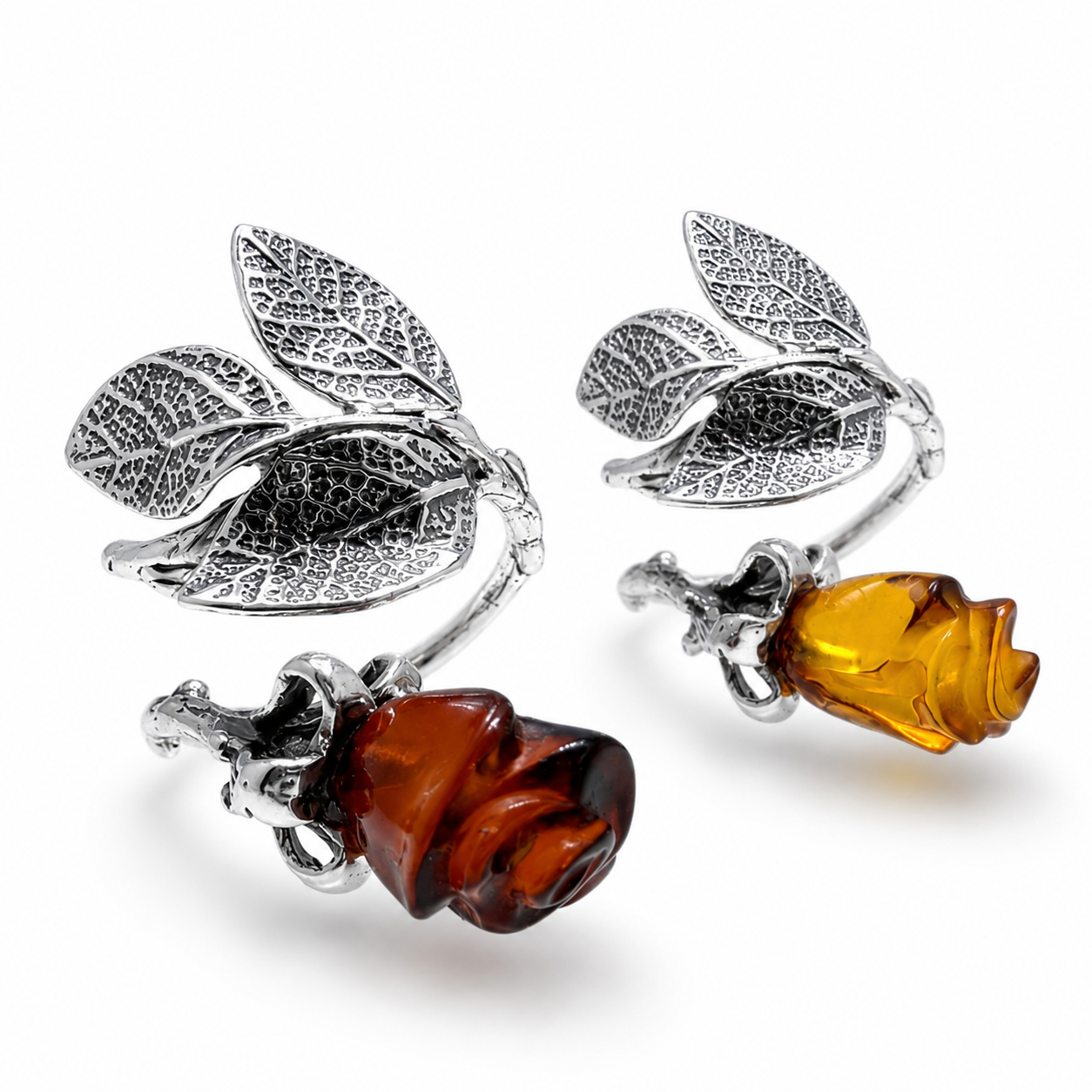 Baltic Amber Carved Rose Ring, Sterling Silver Leaf Design