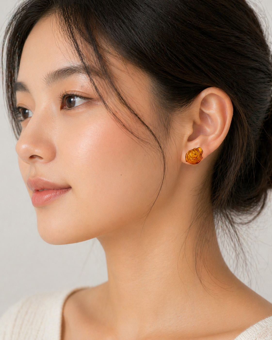 Baltic Amber Rose Stud Earrings, Sterling Silver Post Earrings,  Hand Carved Amber Rose Earrings, Dainty Everyday Jewelry