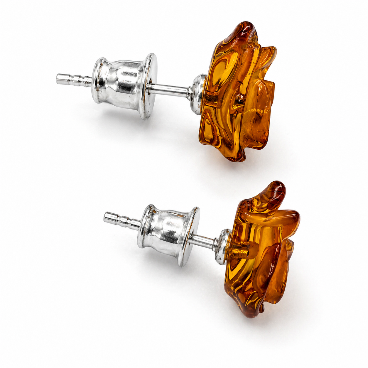 Baltic Amber Rose Stud Earrings, Sterling Silver Post Earrings,  Hand Carved Amber Rose Earrings, Dainty Everyday Jewelry