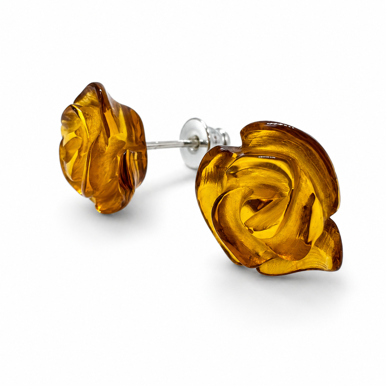 Baltic Amber Rose Stud Earrings, Sterling Silver Post Earrings,  Hand Carved Amber Rose Earrings, Dainty Everyday Jewelry