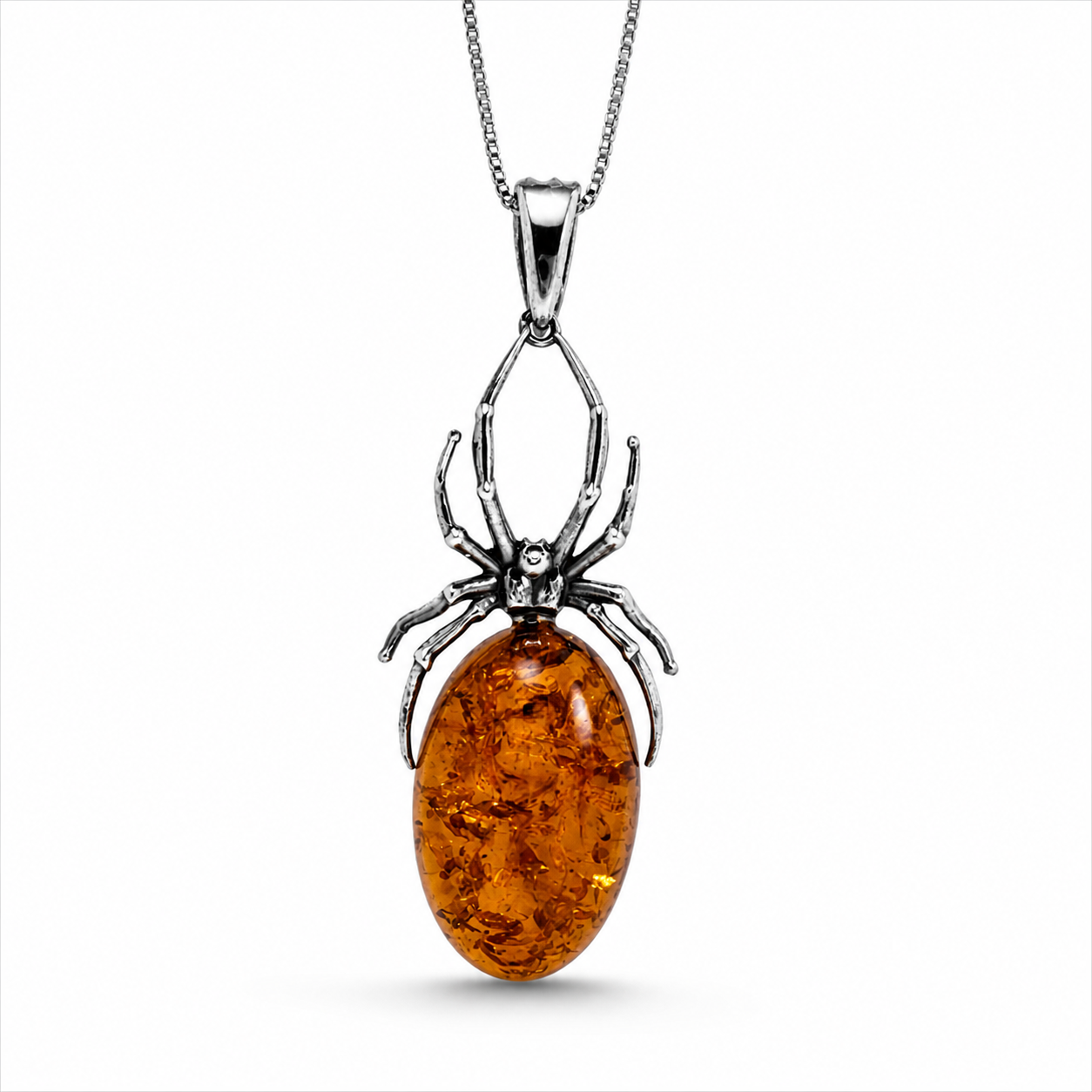 Baltic Amber Spider Pendant – Oxidized Sterling Silver Necklace | Antique Finish | Statement Piece