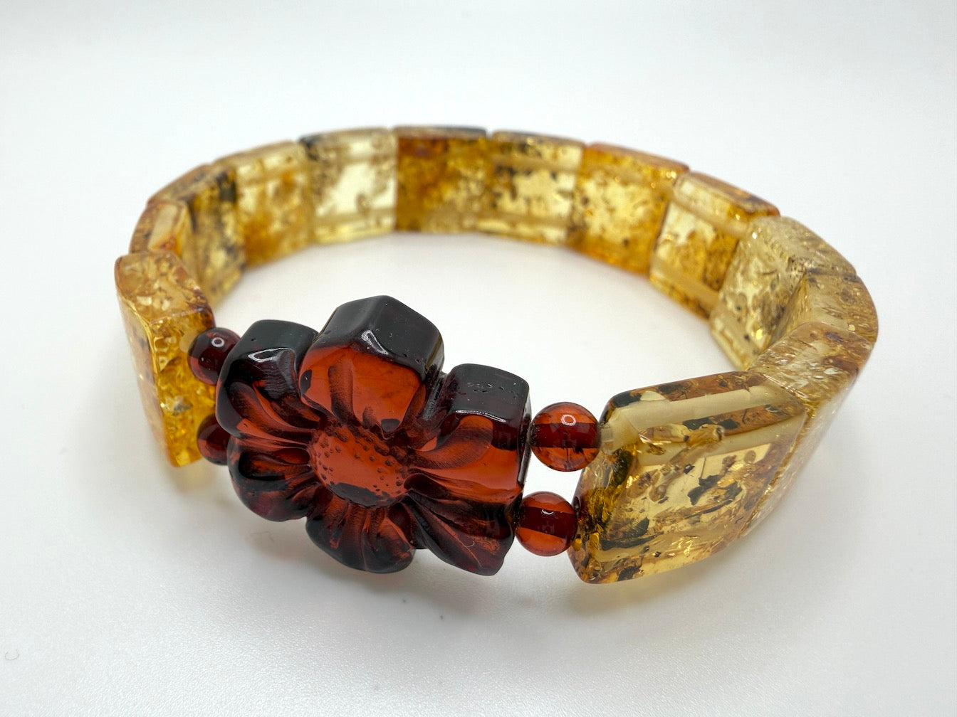 Baltic Amber Stretch Bracelet – Lemon Amber Squares with Hand Carved Flower Statement – Natural Baltic Amber Jewelry