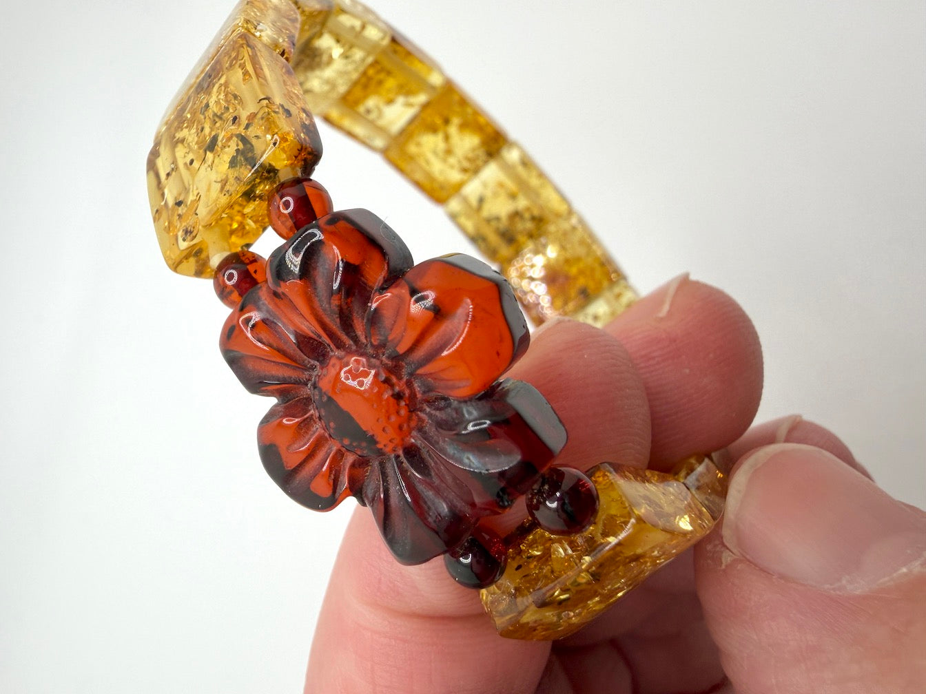 Baltic Amber Stretch Bracelet – Lemon Amber Squares with Hand Carved Flower Statement – Natural Baltic Amber Jewelry