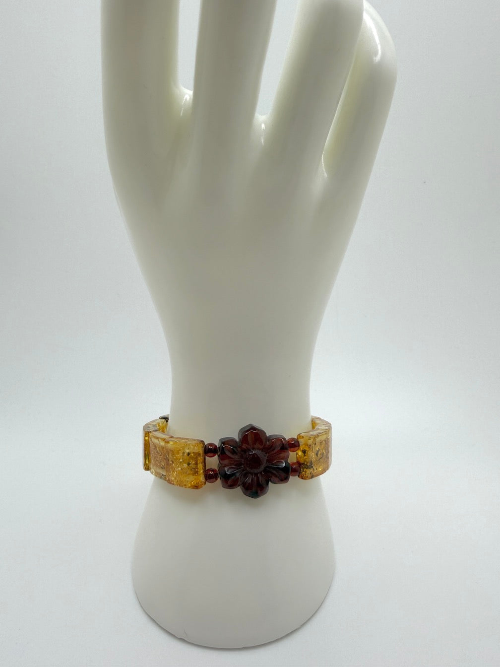 Baltic Amber Stretch Bracelet – Lemon Amber Squares with Hand Carved Flower Statement – Natural Baltic Amber Jewelry