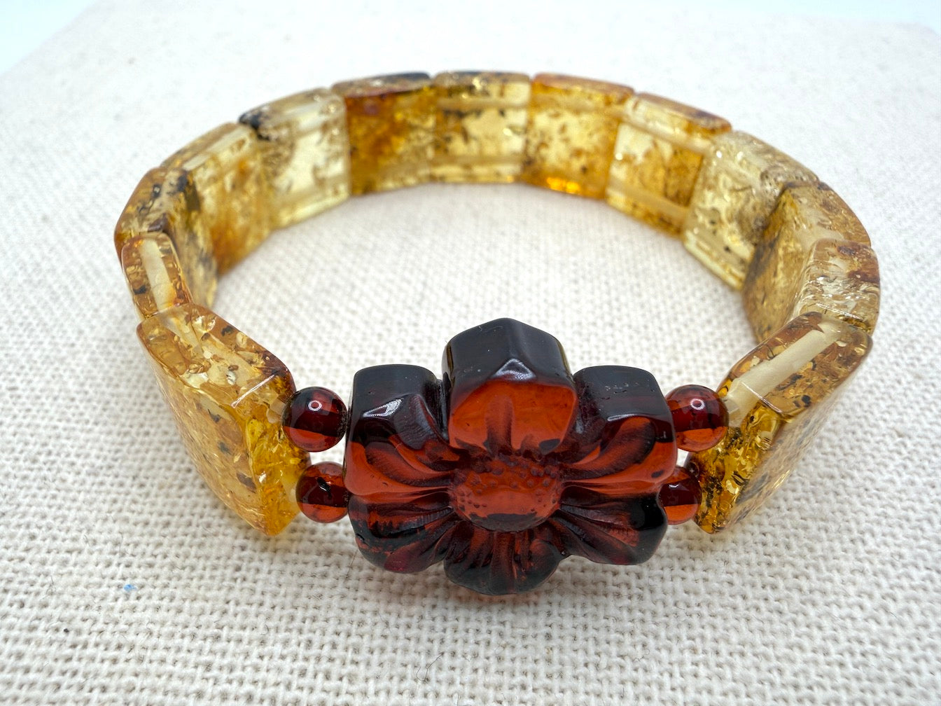 Baltic Amber Stretch Bracelet – Lemon Amber Squares with Hand Carved Flower Statement – Natural Baltic Amber Jewelry