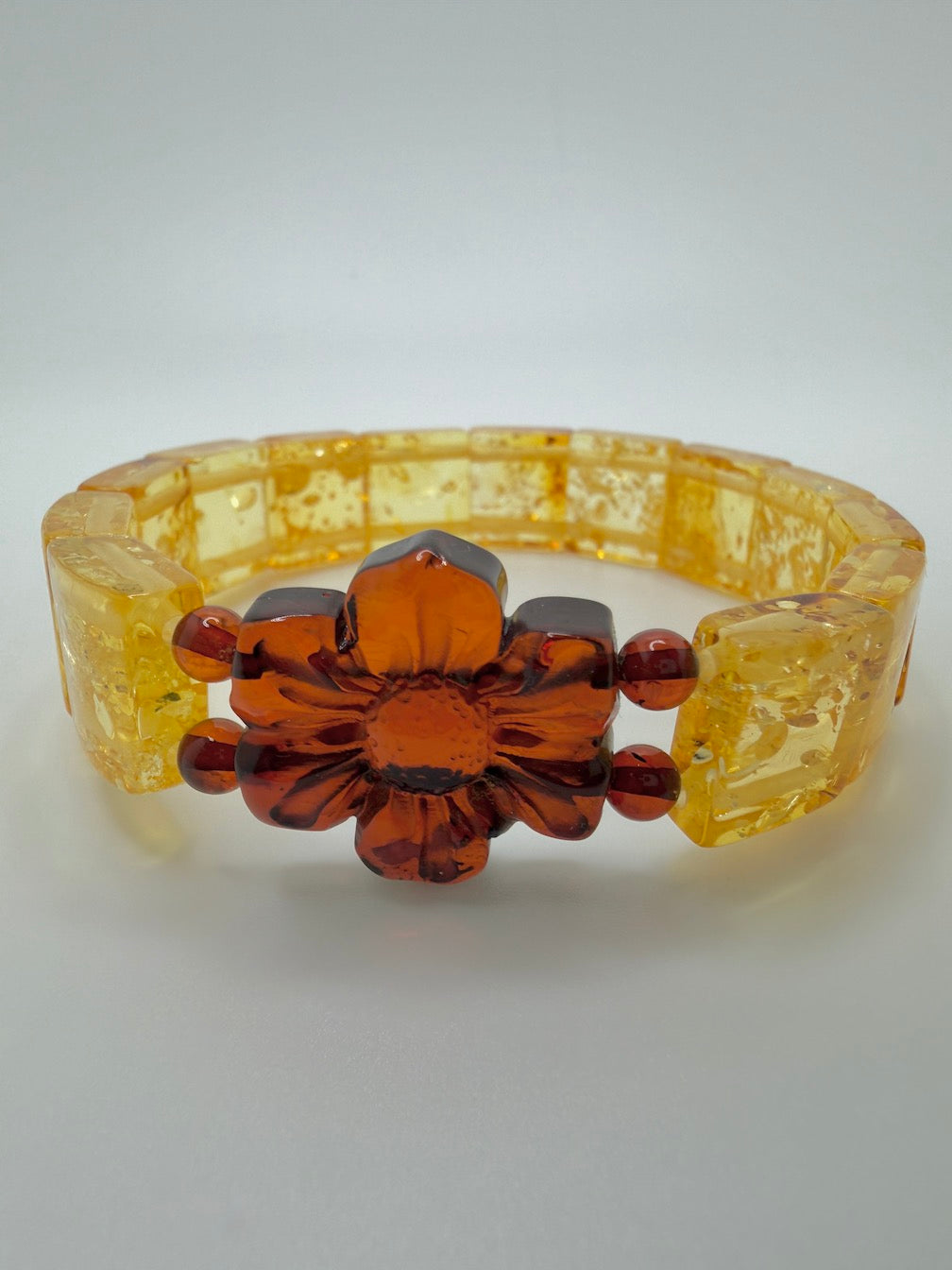 Baltic Amber Stretch Bracelet – Lemon Amber Squares with Hand Carved Flower Statement – Natural Baltic Amber Jewelry