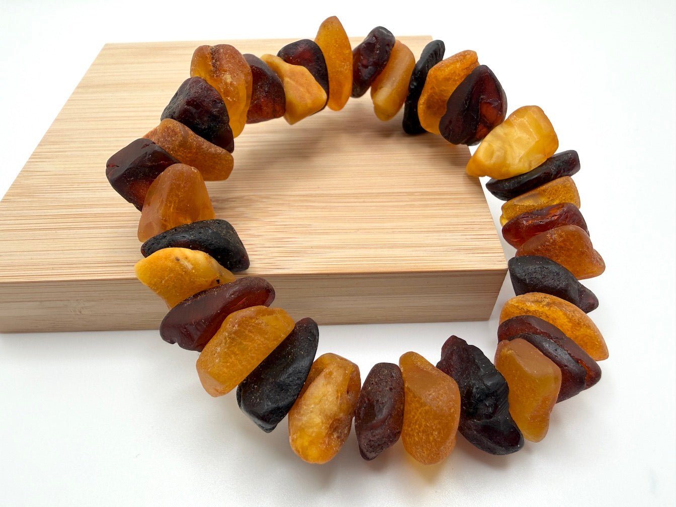 Baltic Amber Stretch Bracelet – Natural Unpolished Amber – Ombre Butterscotch Honey Cognac Cherry