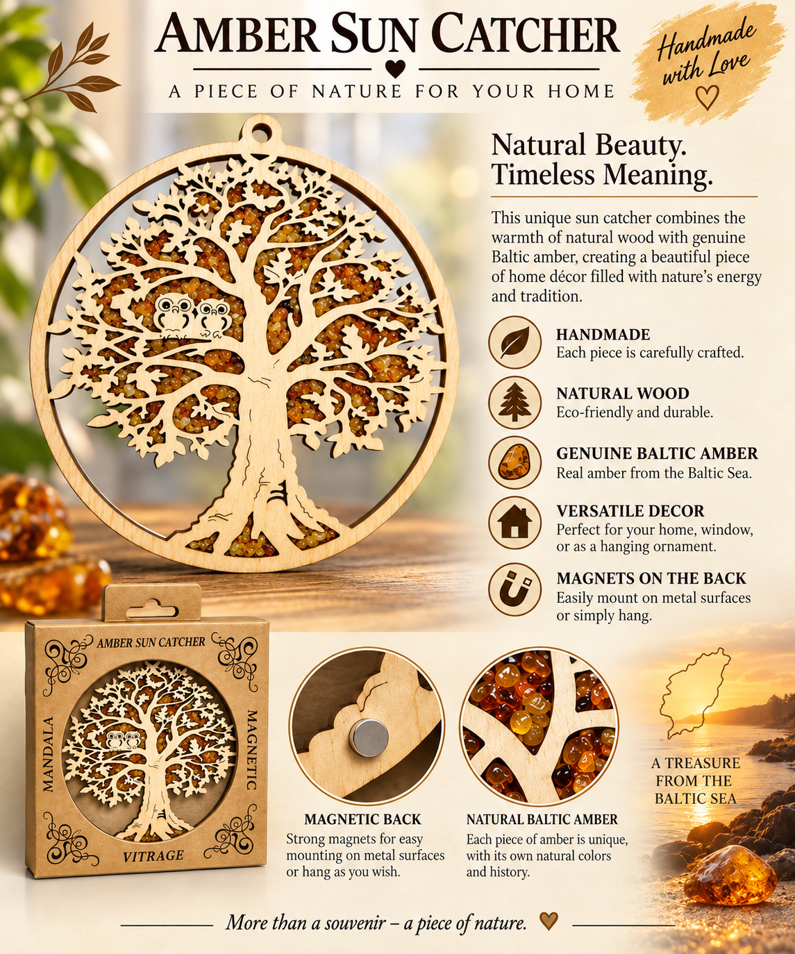 Baltic Amber Sun Catcher Natural Wood Ornament