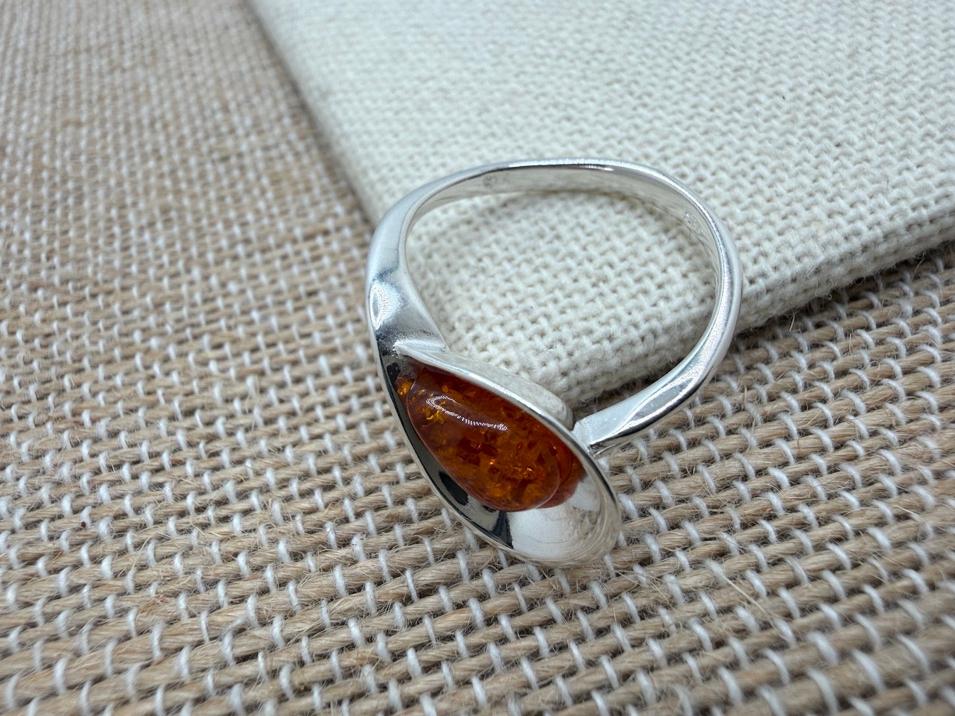 Baltic Amber Teardrop Scoop Ring in Sterling Silver