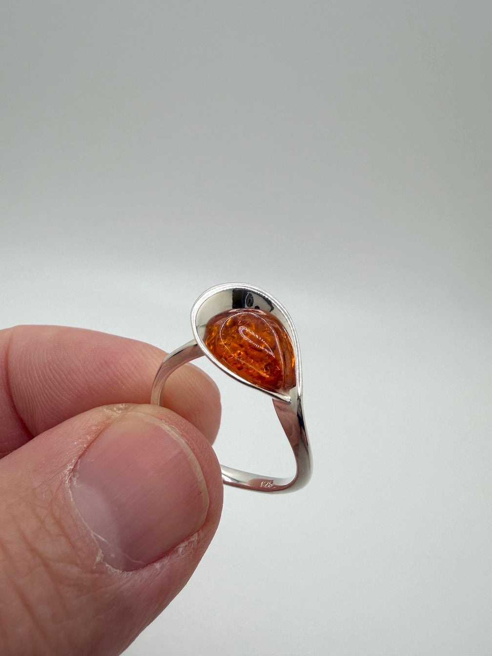 Baltic Amber Teardrop Scoop Ring in Sterling Silver