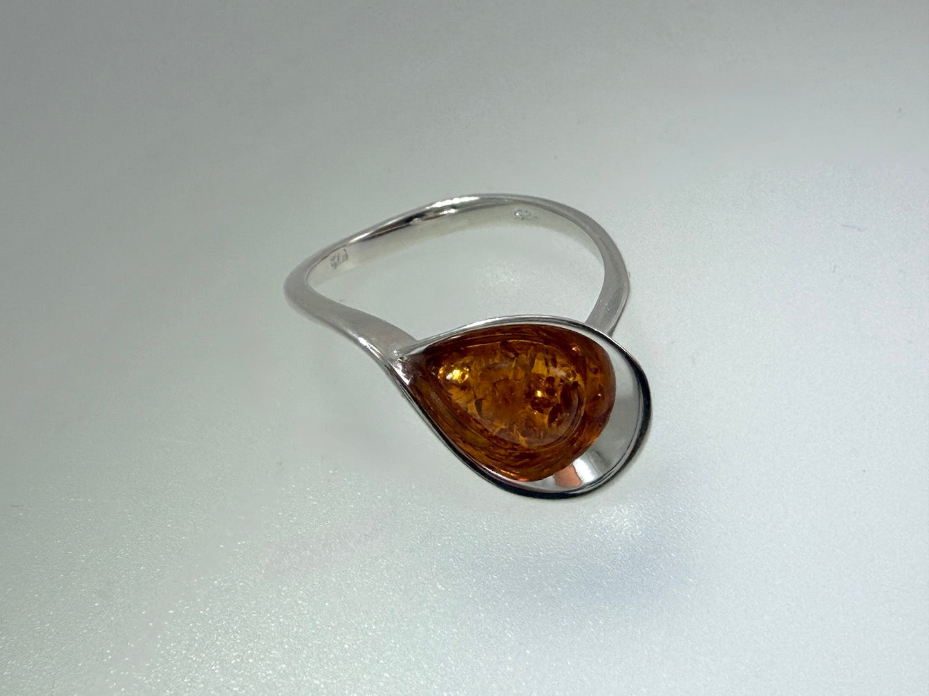 Baltic Amber Teardrop Scoop Ring in Sterling Silver