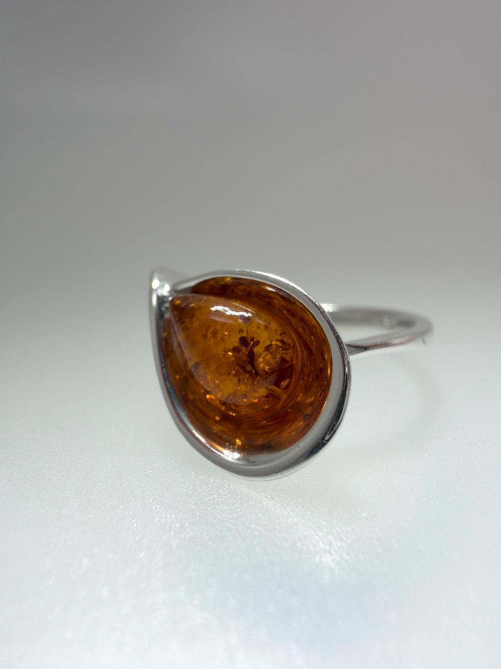 Baltic Amber Teardrop Scoop Ring in Sterling Silver