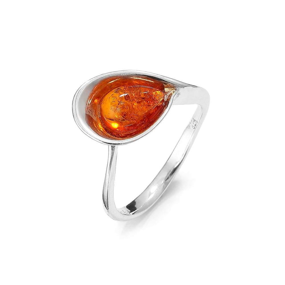 Baltic Amber Teardrop Scoop Ring in Sterling Silver