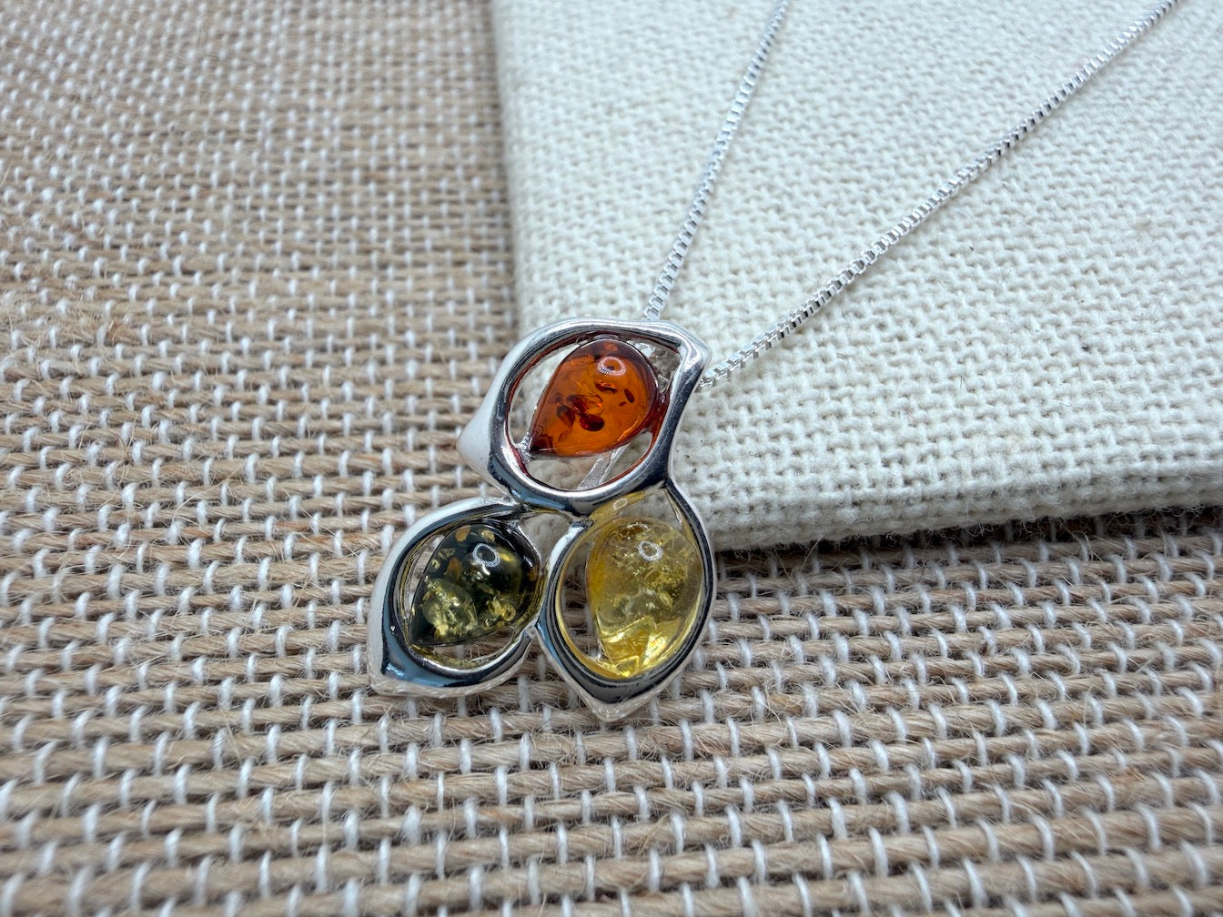 Baltic Amber Three Stone Cluster Pendant – Multicolor Marquise Amber Necklace – 18” Sterling Silver Box Chain
