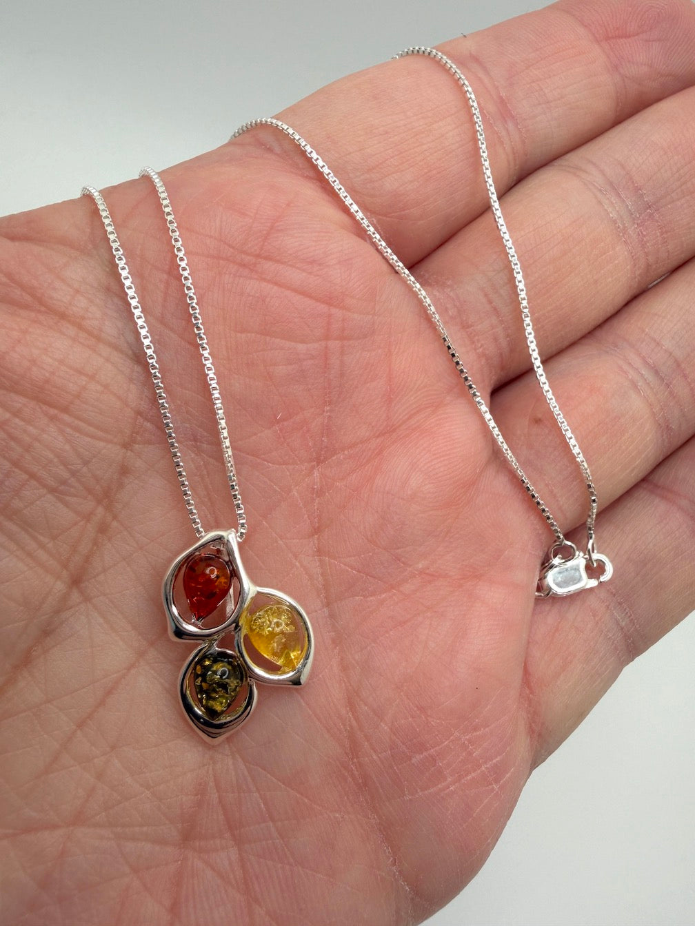 Baltic Amber Three Stone Cluster Pendant – Multicolor Marquise Amber Necklace – 18” Sterling Silver Box Chain
