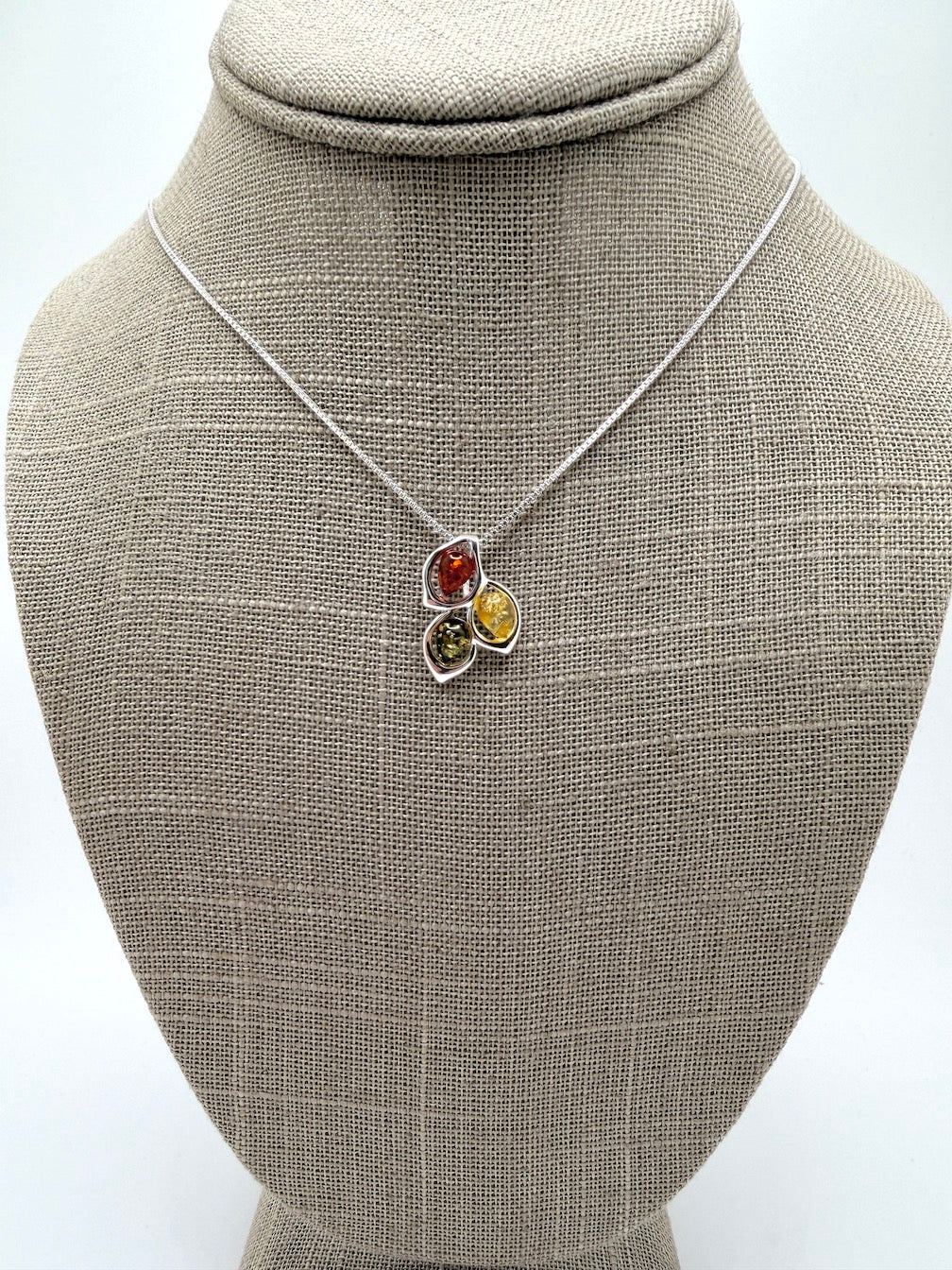 Baltic Amber Three Stone Cluster Pendant – Multicolor Marquise Amber Necklace – 18” Sterling Silver Box Chain
