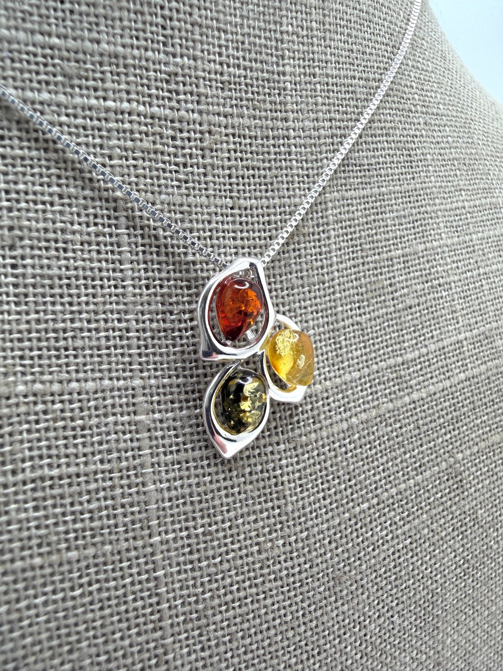 Baltic Amber Three Stone Cluster Pendant – Multicolor Marquise Amber Necklace – 18” Sterling Silver Box Chain
