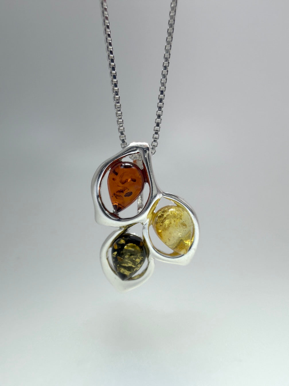 Baltic Amber Three Stone Cluster Pendant – Multicolor Marquise Amber Necklace – 18” Sterling Silver Box Chain
