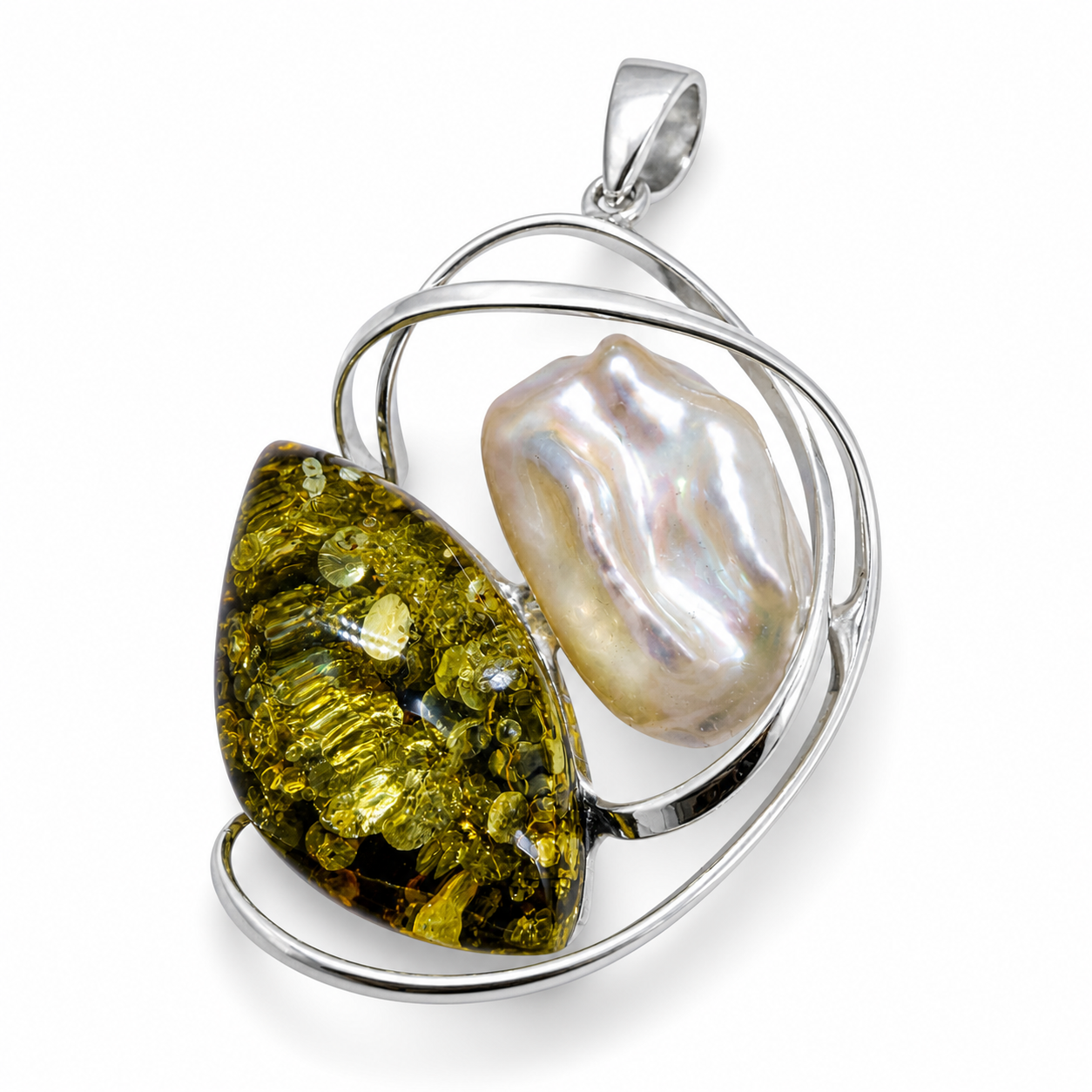 Baltic Amber & Keshi Pearl Pendant – Sterling Silver Necklace | Choice of Honey Cognac or Green Amber | One of a Kind