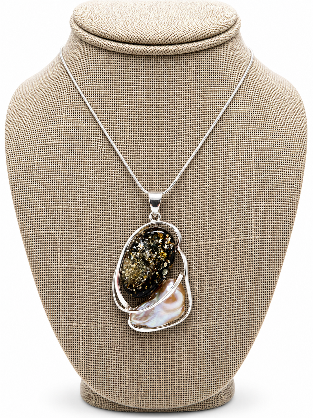Baltic Amber & Keshi Pearl Pendant – Sterling Silver Necklace | Choice of Honey Cognac or Green Amber | One of a Kind