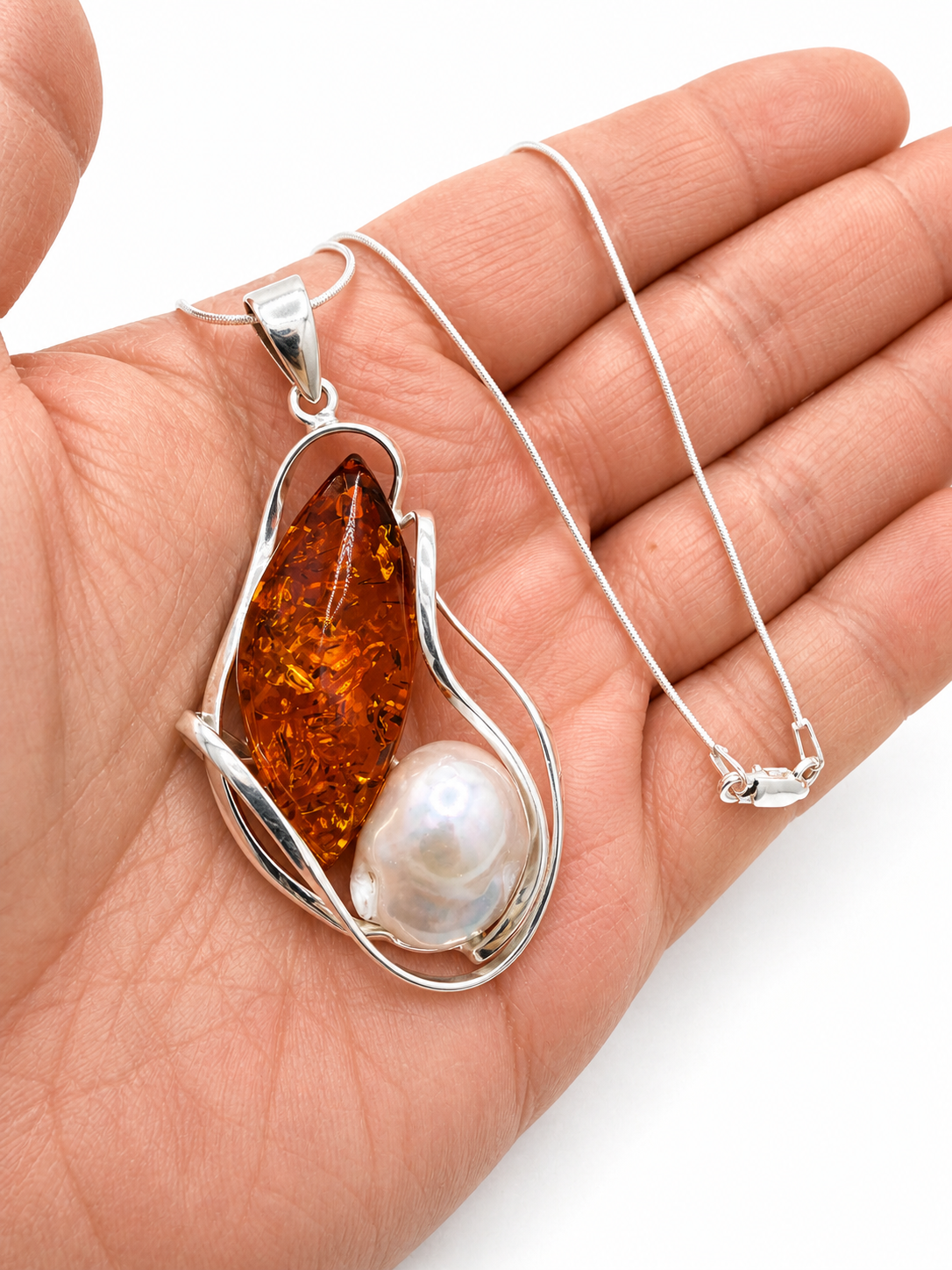 Baltic Amber & Keshi Pearl Pendant – Sterling Silver Necklace | Choice of Honey Cognac or Green Amber | One of a Kind