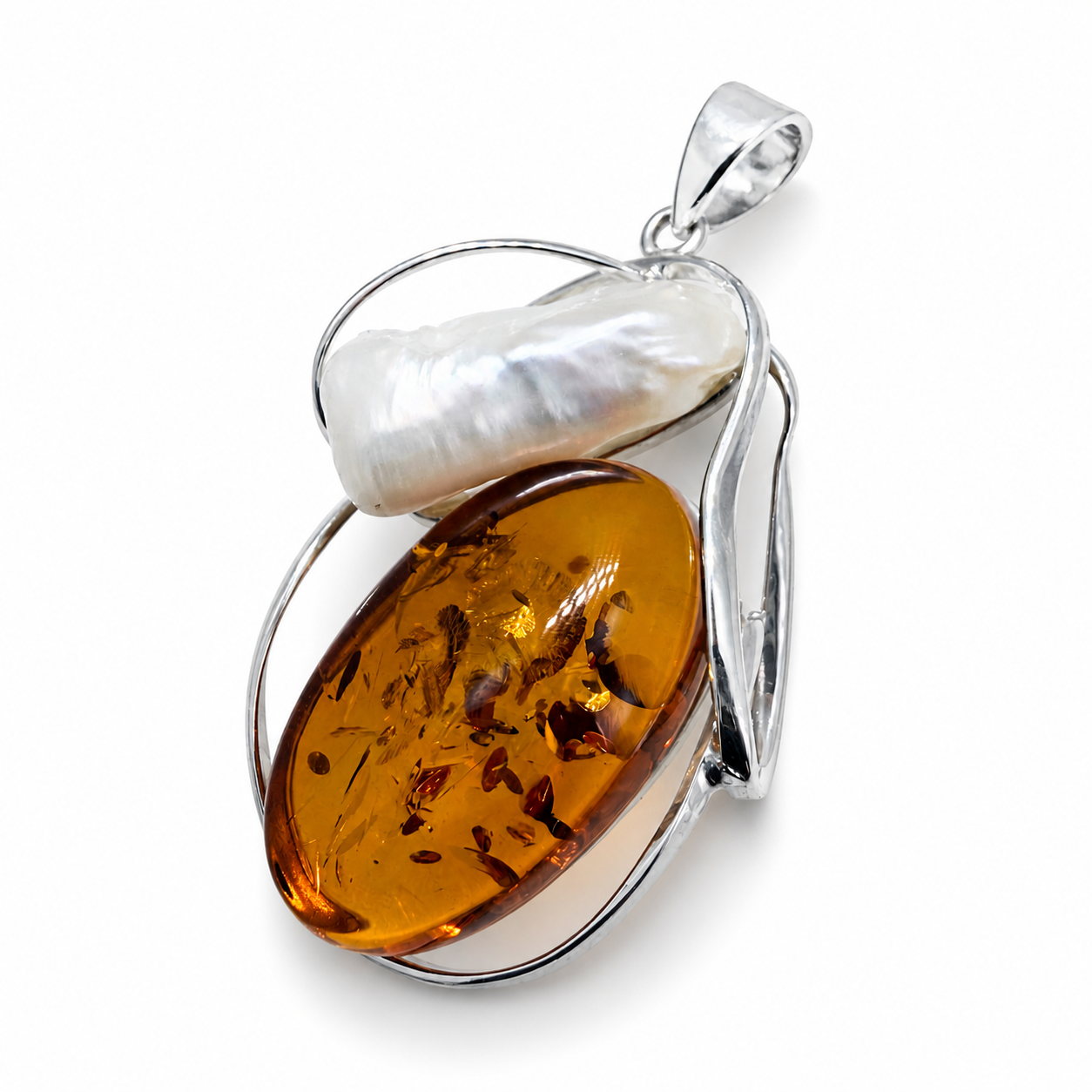 Baltic Amber & Keshi Pearl Pendant – Sterling Silver Necklace | Choice of Honey Cognac or Green Amber | One of a Kind