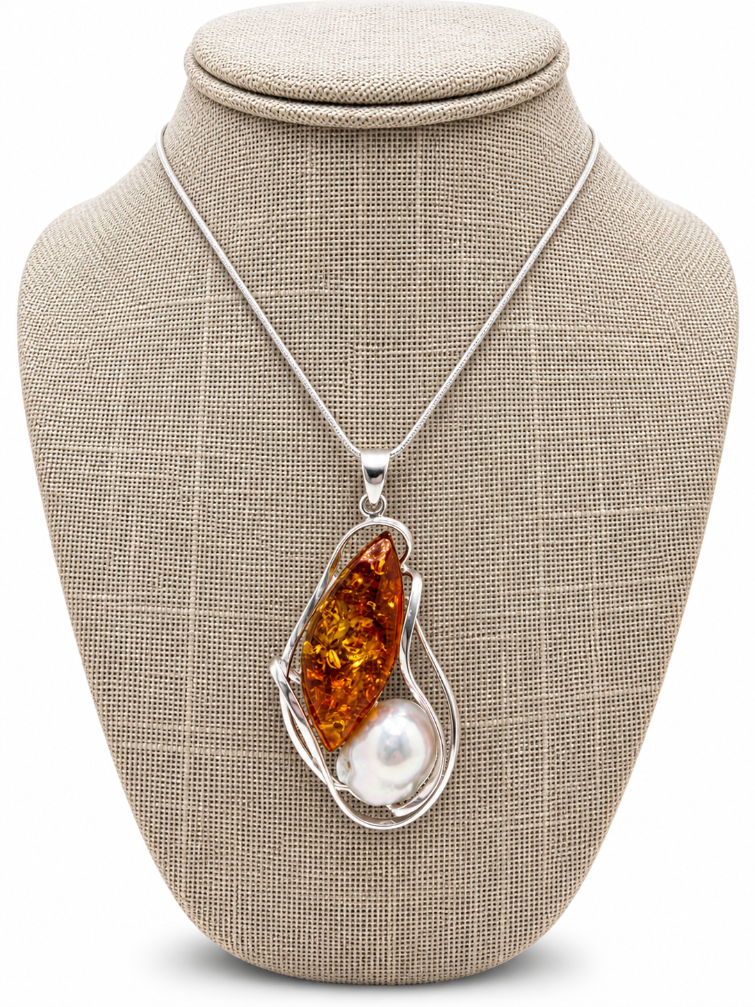 Baltic Amber & Keshi Pearl Pendant – Sterling Silver Necklace | Choice of Honey Cognac or Green Amber | One of a Kind